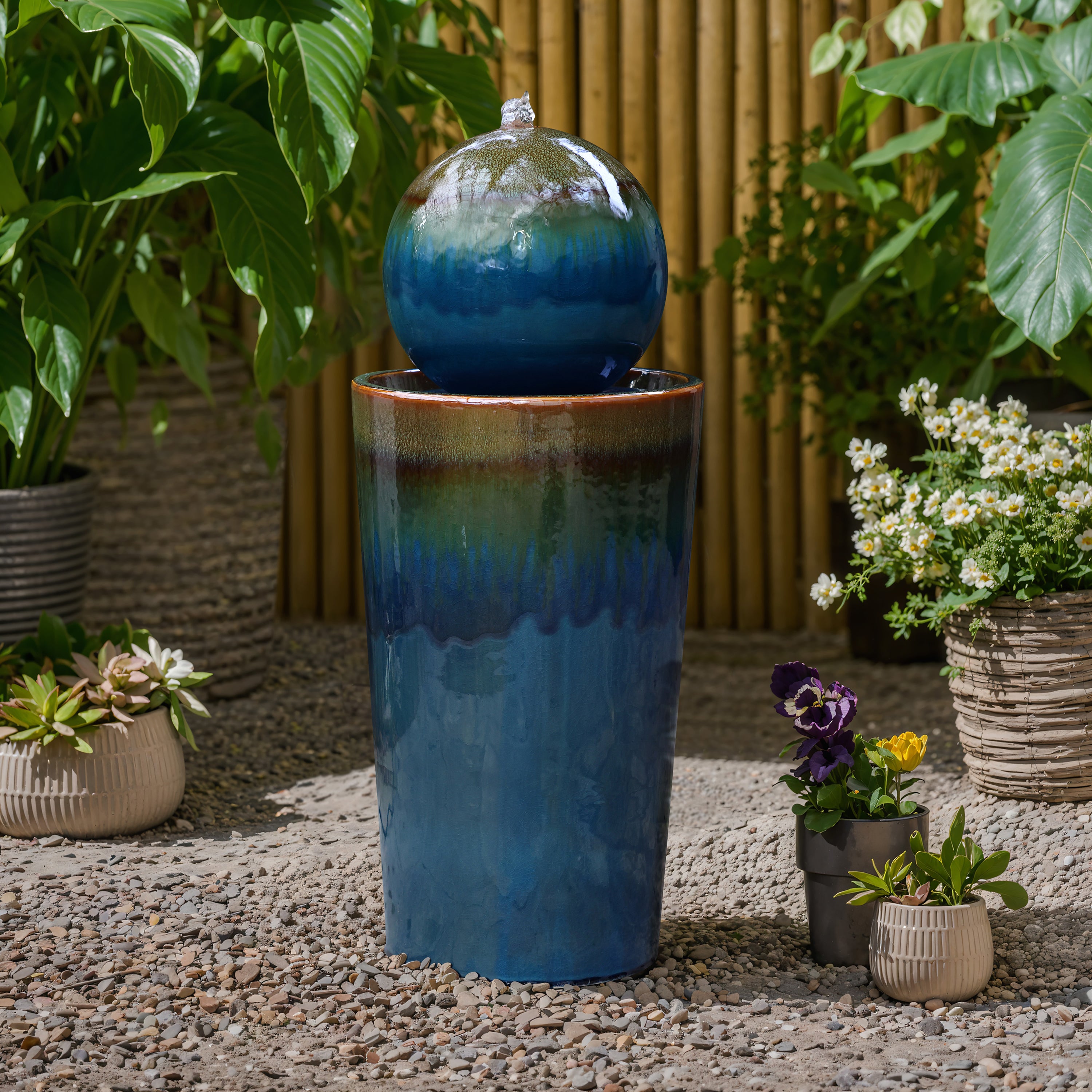 Glazed Blue and Brown Sphere on Pillar Bubbler 30-Inch Tall Ceramic Fountain