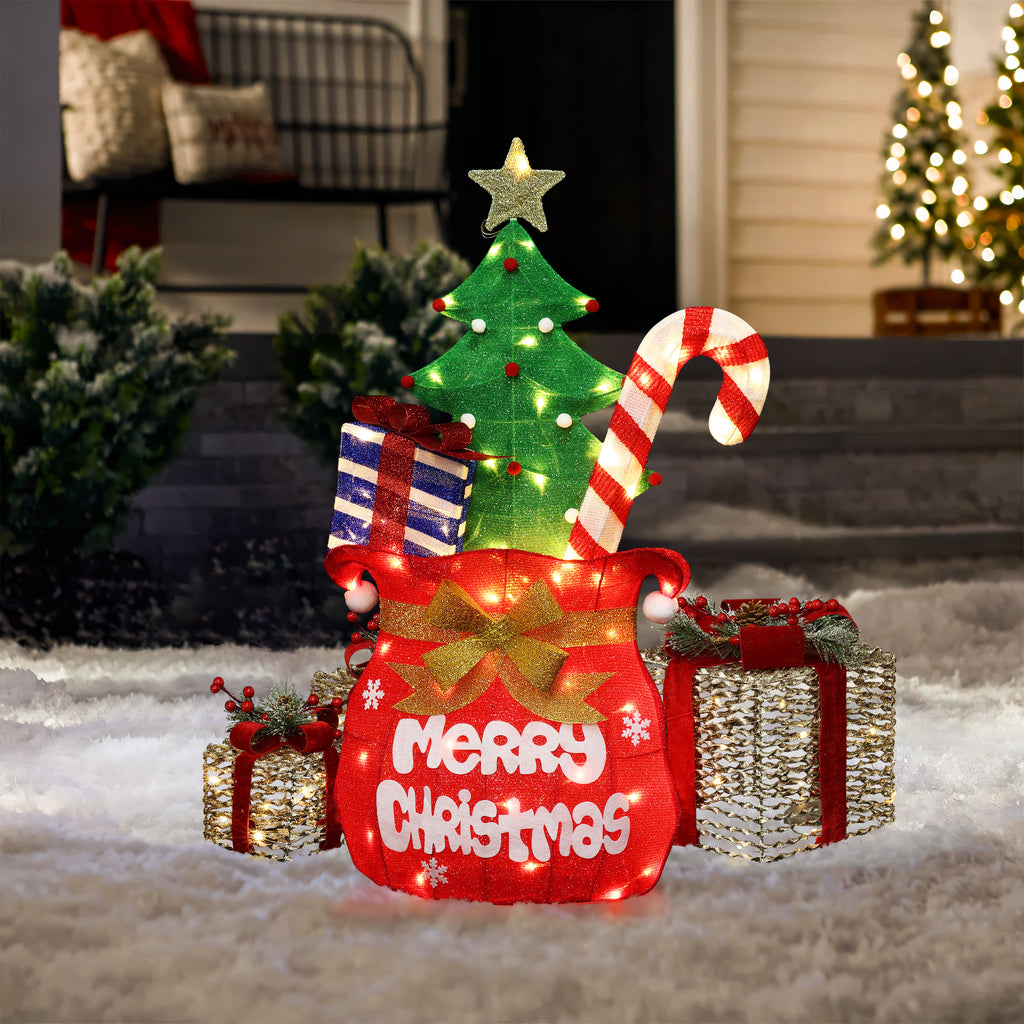 3.4Ft Red Fabric Santa's Pack Outdoor Holiday Decoration with Lights