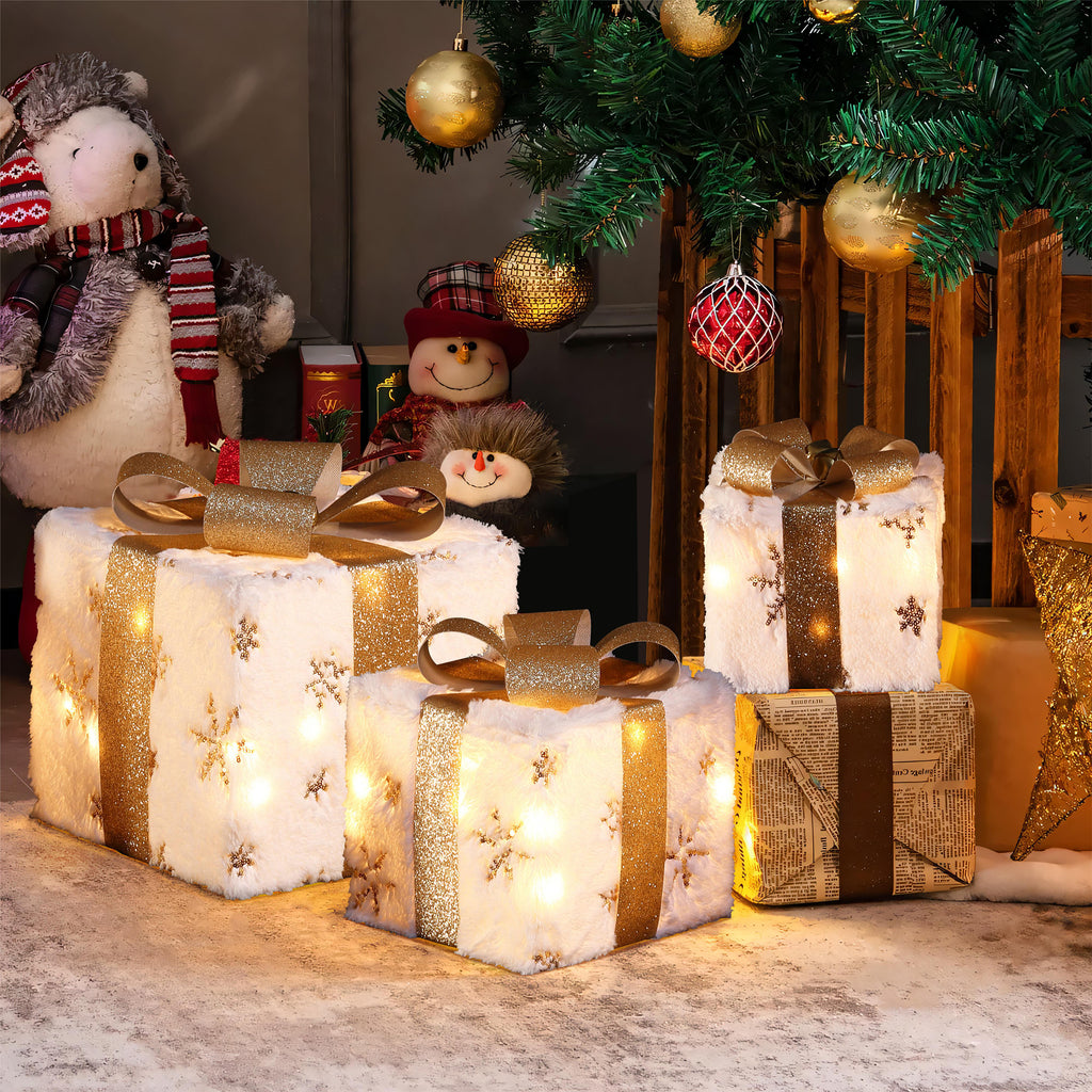 3-Piece Snowflake White and Gold Giftbox Holiday Decoration Set with Lights