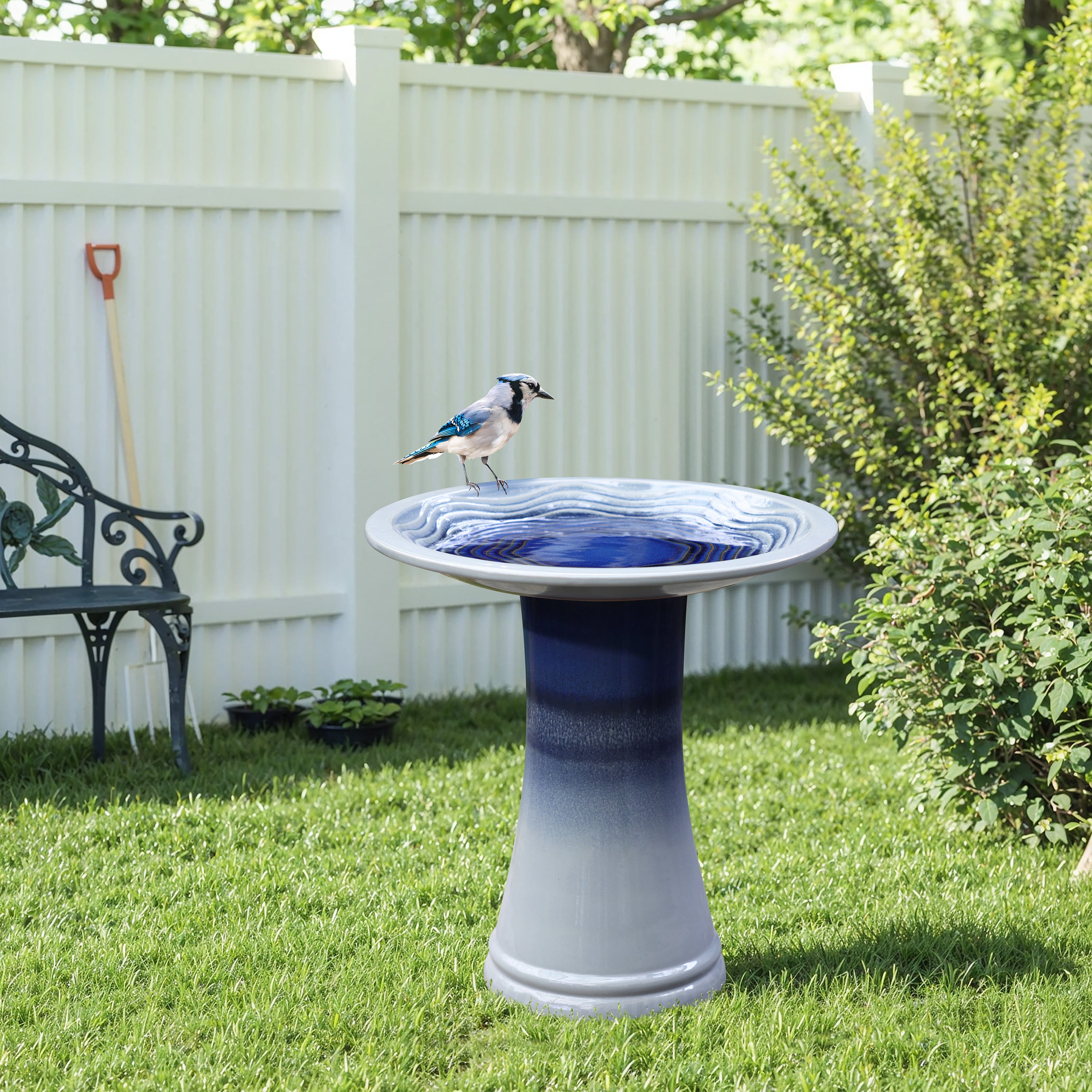 Blue Waves 18-Inch Tall Ceramic Birdbath