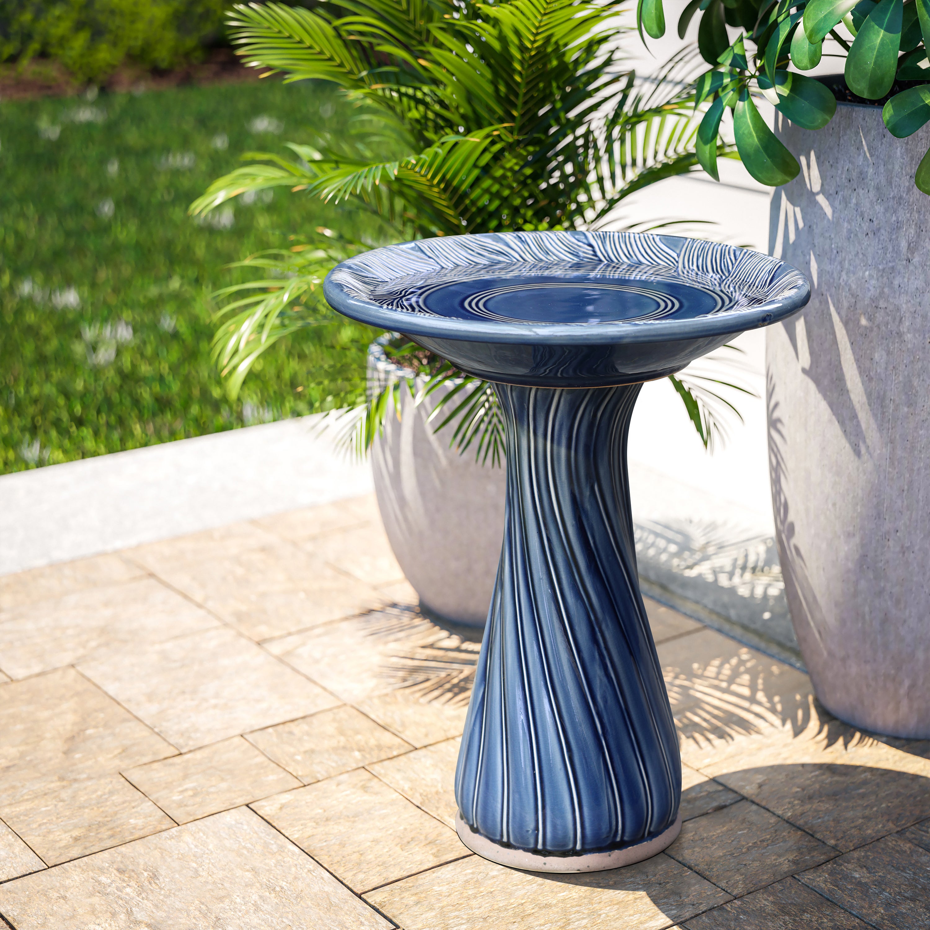 Blue Leaves and Swirl 22-Inch Tall Ceramic Birdbath