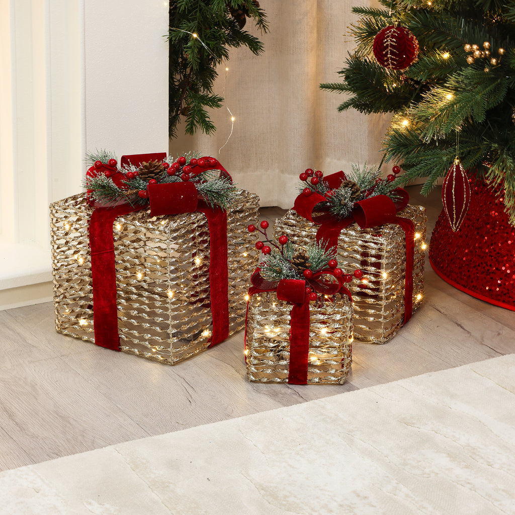 3-Piece Plastic Rattan Gift Box Set with Red Ribbon Outdoor Holiday Decoration with Lights