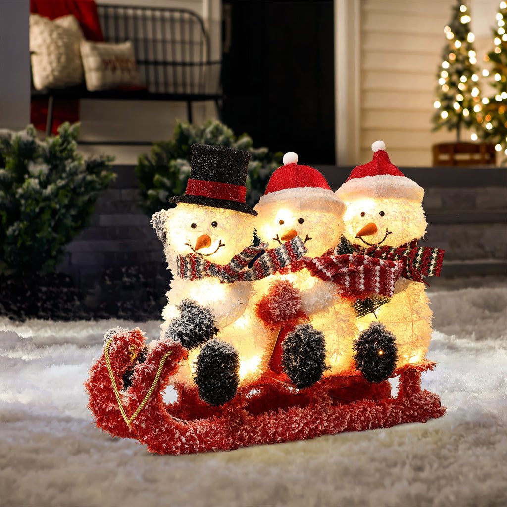 Snowman Family Trio on Sled with Lights Outdoor Holiday Decoration