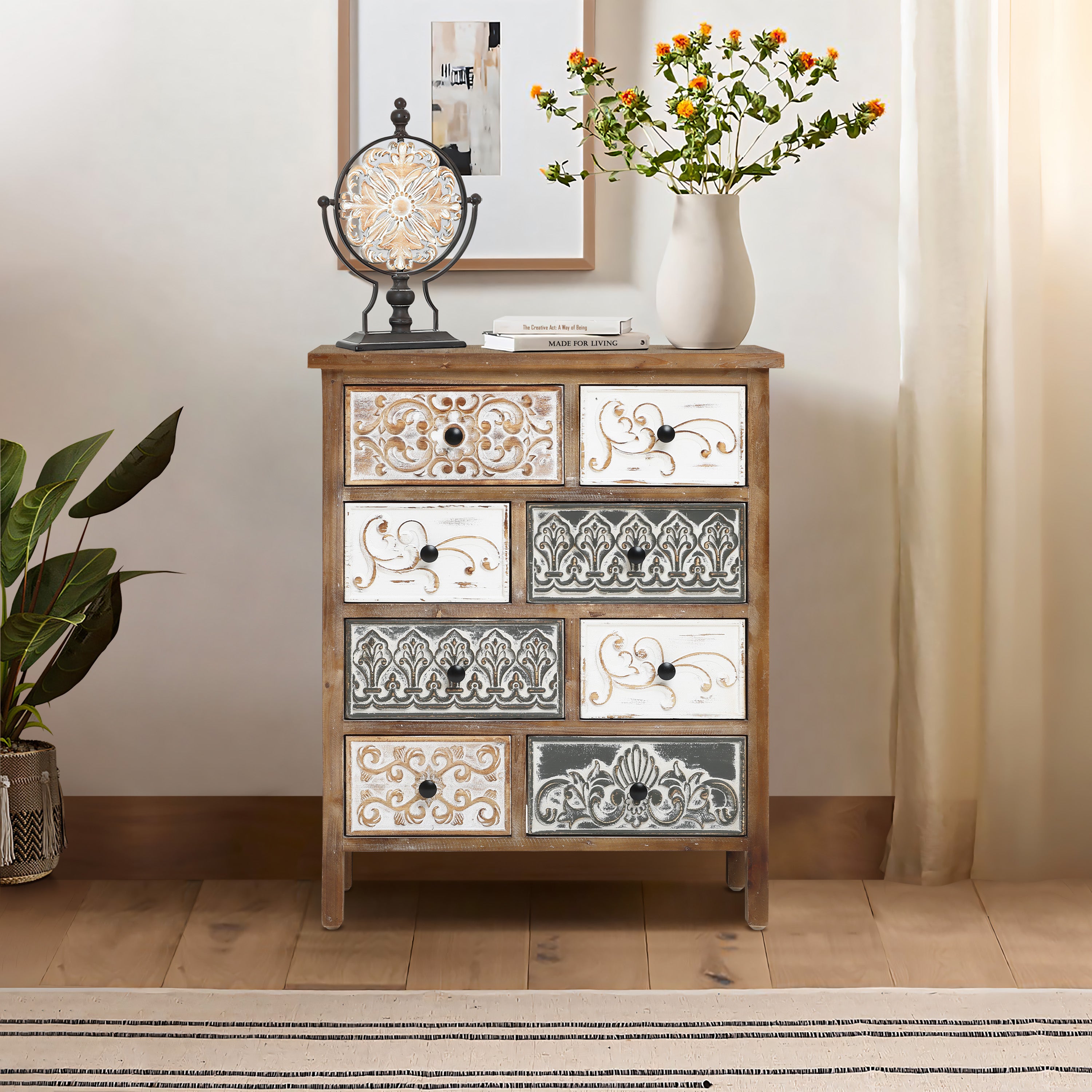 8-Drawer 32" H x 25.8" W Rustic Carved Wood Accent Chest