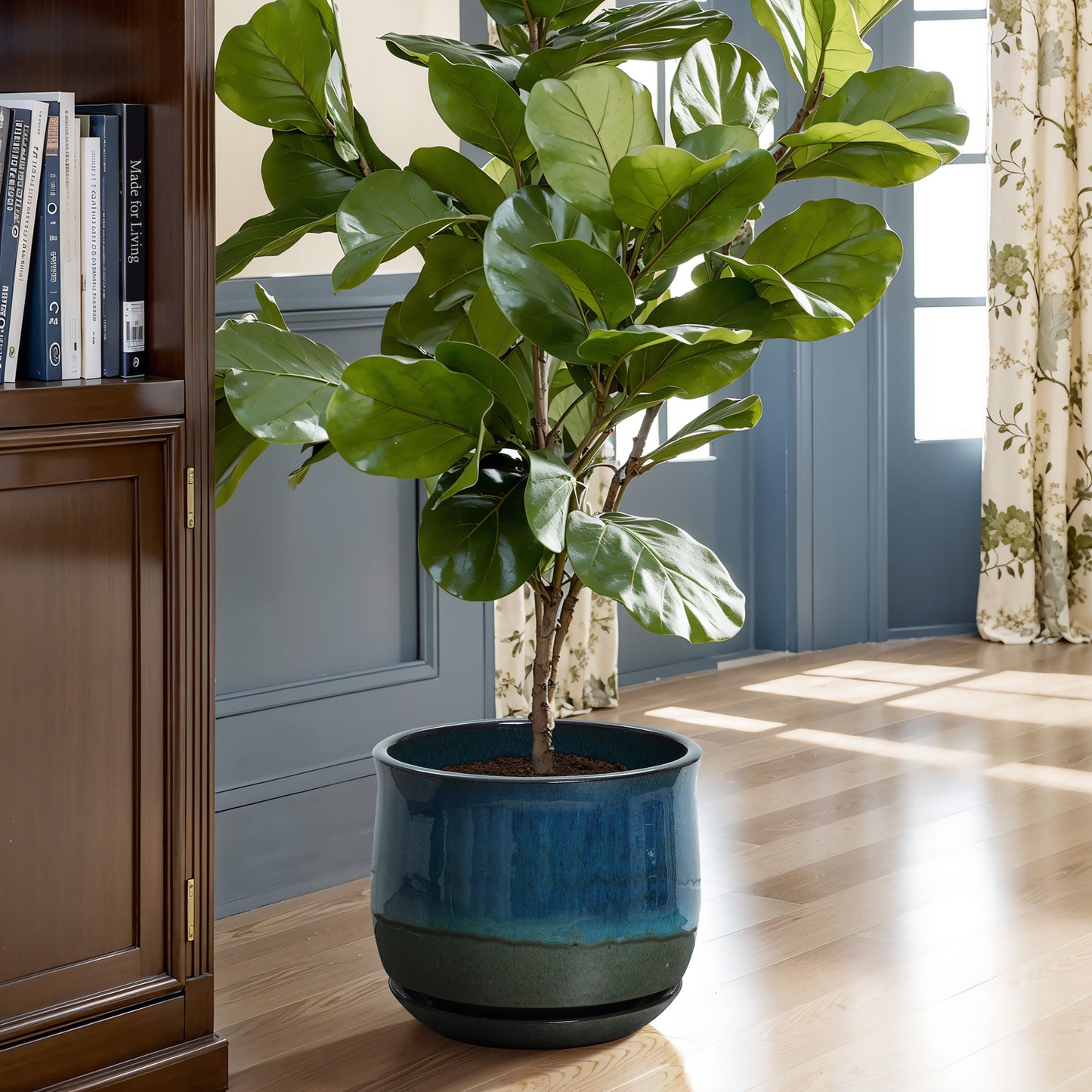 Ridge Glazed Ceramic Round Planter, Blue-Green Ombre, 10.5"