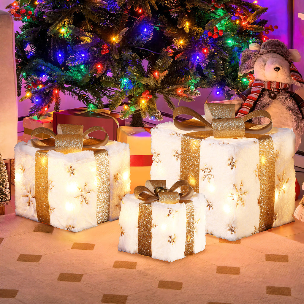3-Piece Snowflake White and Gold Giftbox Holiday Decoration Set with Lights