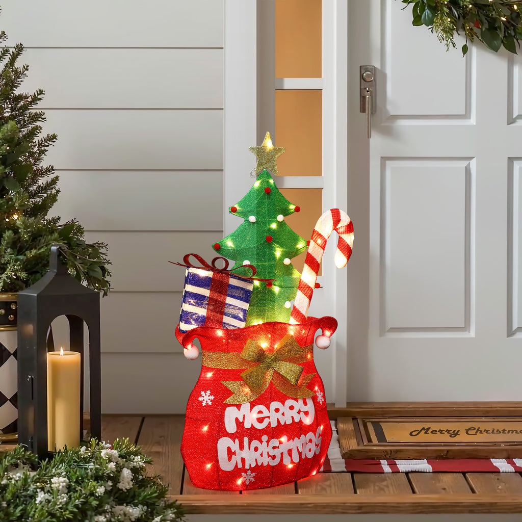 3.4Ft Red Fabric Santa's Pack Outdoor Holiday Decoration with Lights