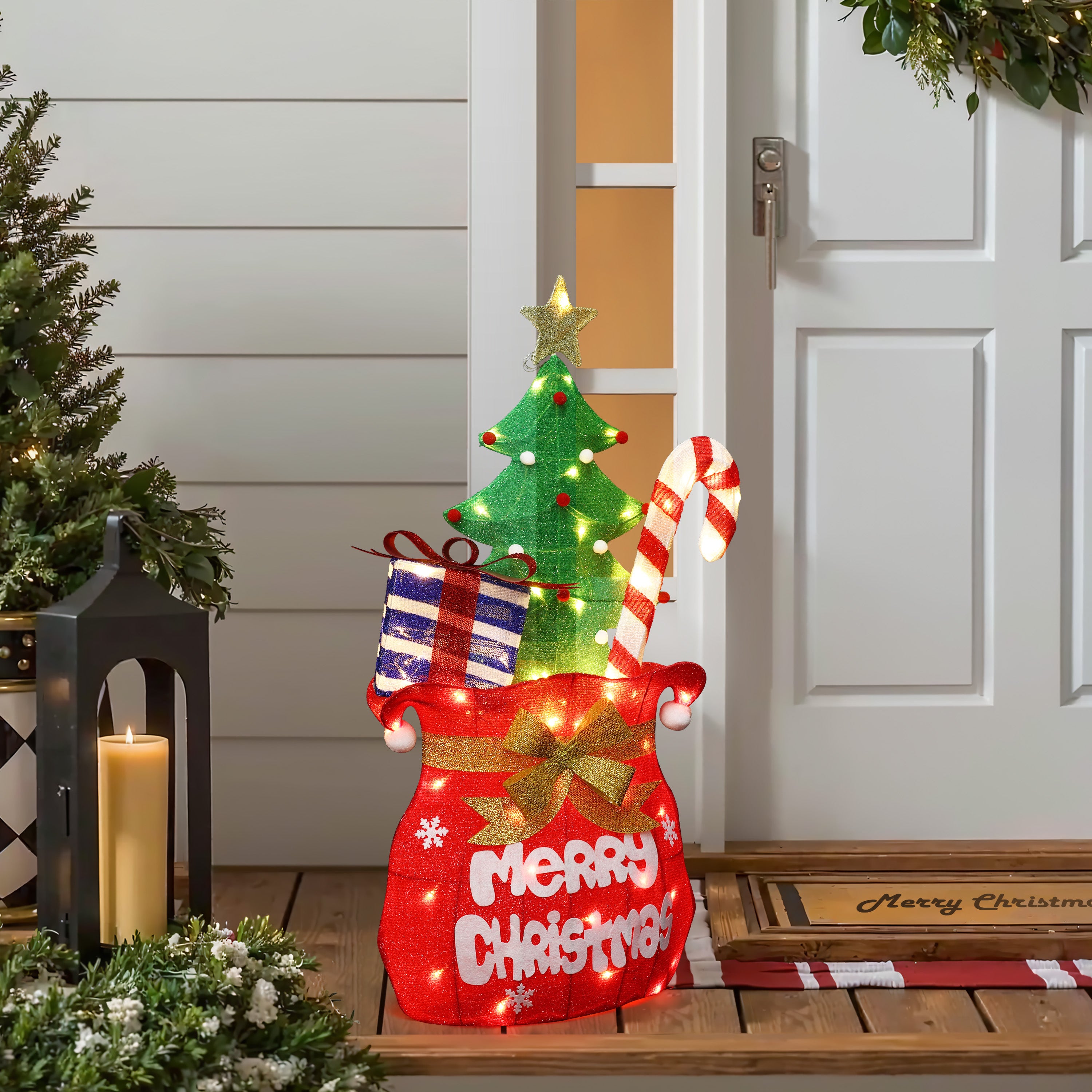 3.4Ft Red Fabric Santa's Pack Outdoor Holiday Decoration with Lights