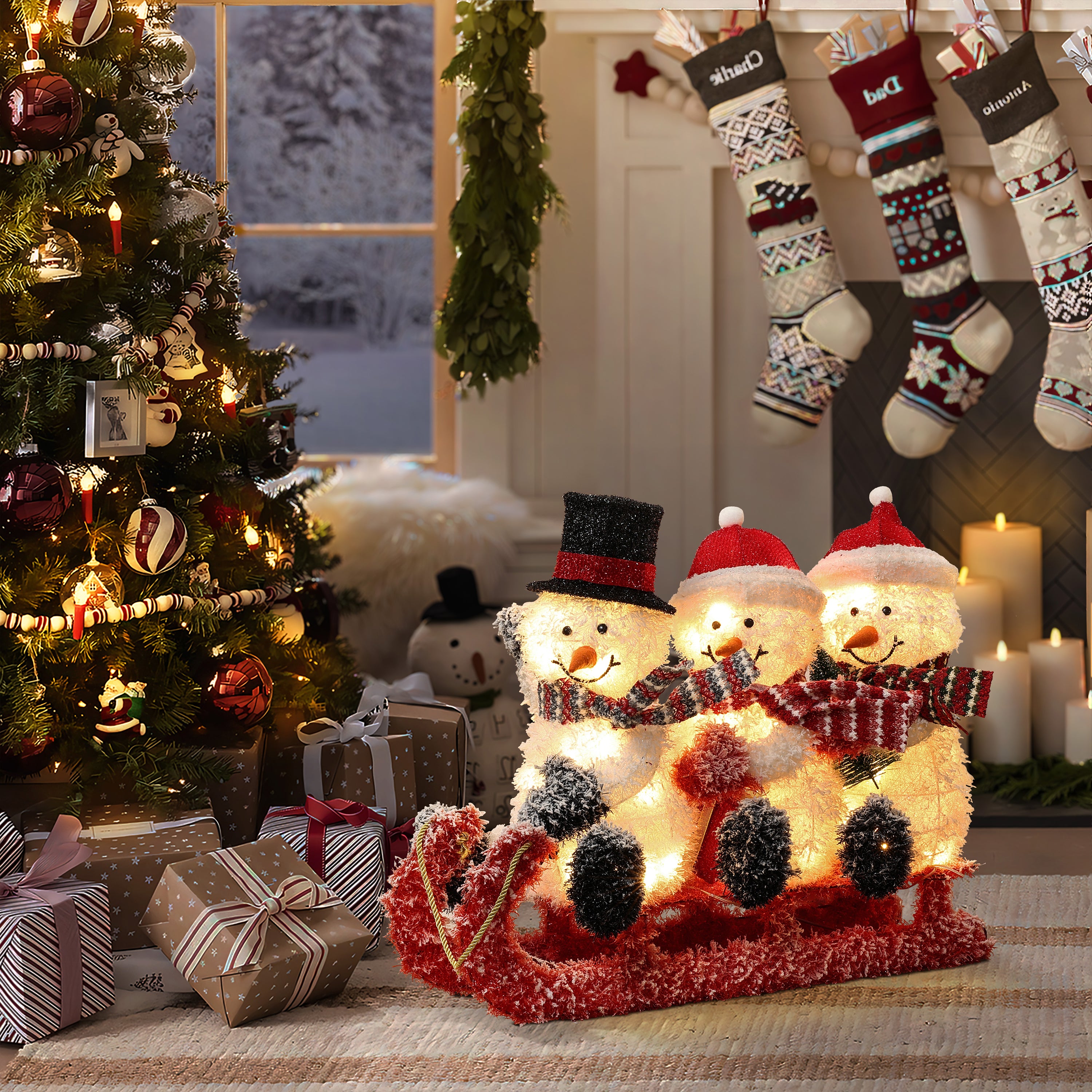 Snowman Family Trio on Sled with Lights Outdoor Holiday Decoration