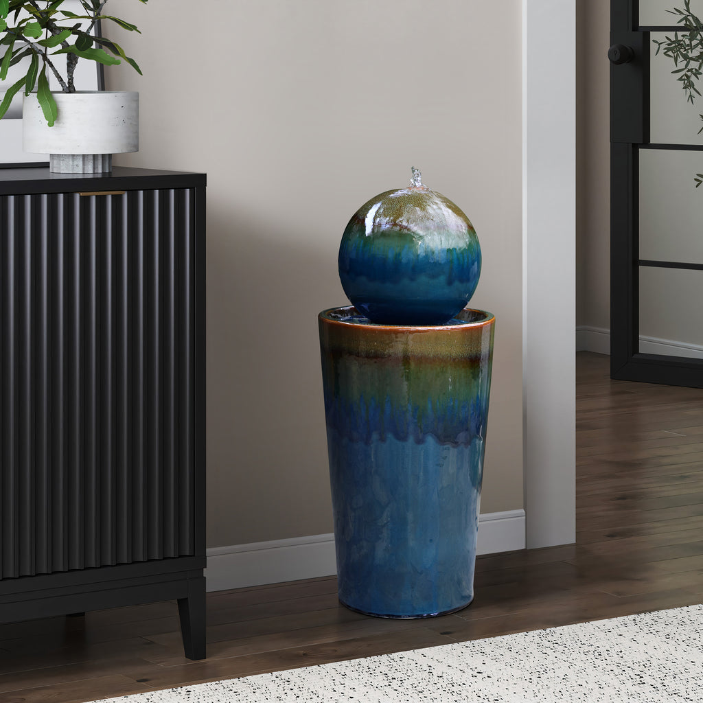 Glazed Blue and Brown Sphere on Pillar Bubbler 30-Inch Tall Ceramic Fountain