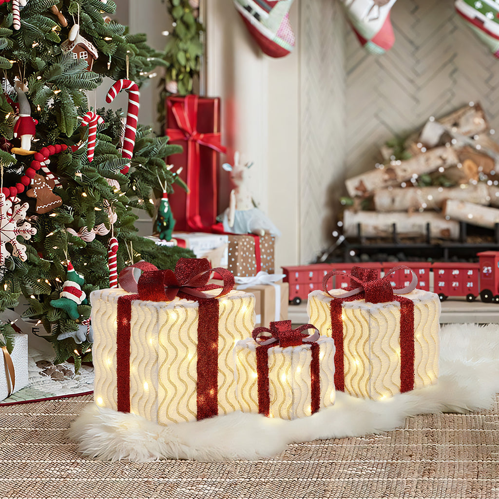 3-Piece Pre-Lit Wavy-Design Gift Box Set with Decorative Red Ribbons and Bows