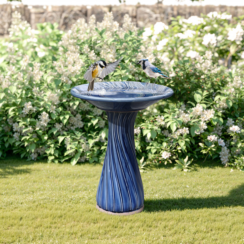 Blue Leaves and Swirl 22-Inch Tall Ceramic Birdbath