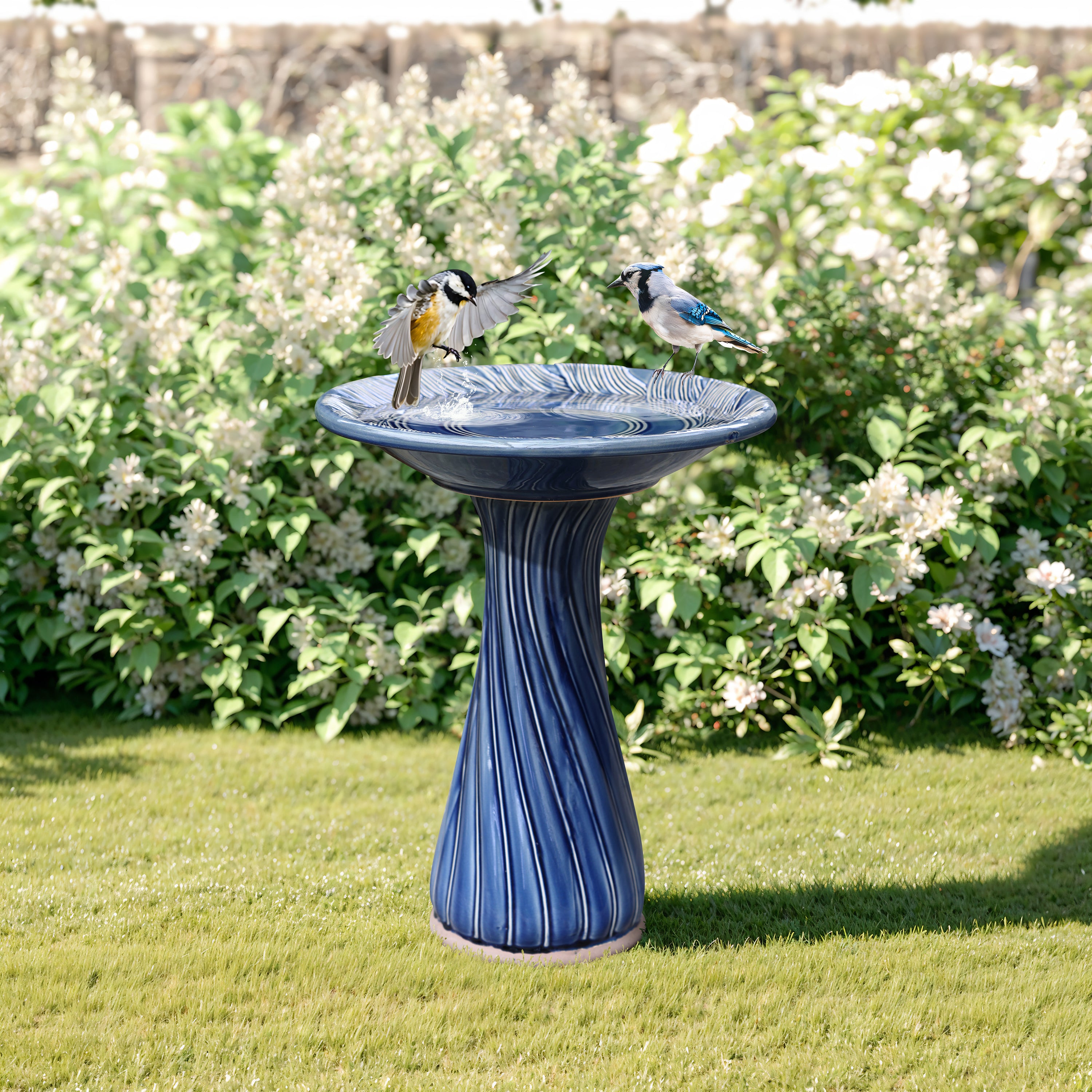 Blue Leaves and Swirl 22-Inch Tall Ceramic Birdbath