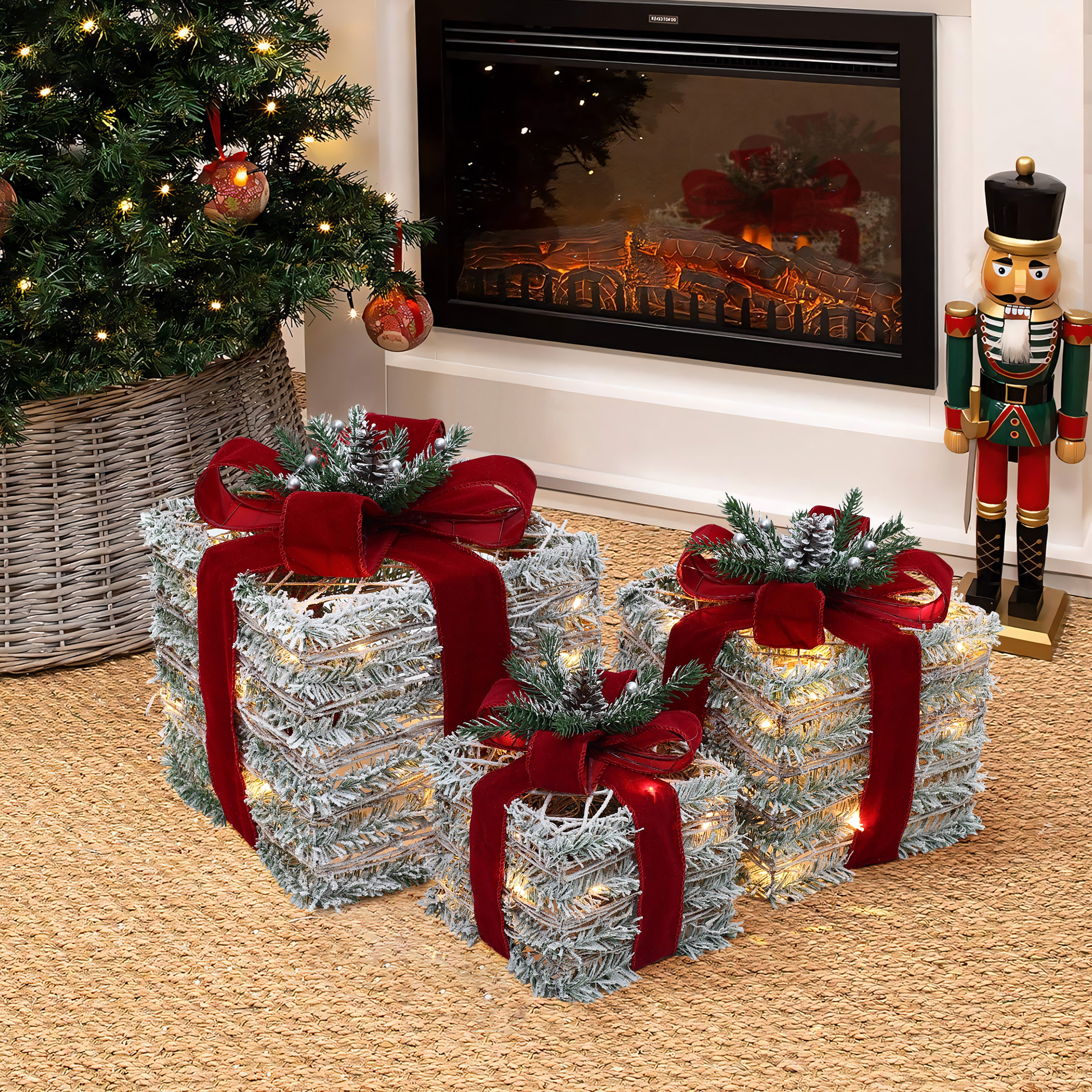 3-Piece Frosted Faux Cedar Branch Giftbox Holiday Decoration Set with Lights