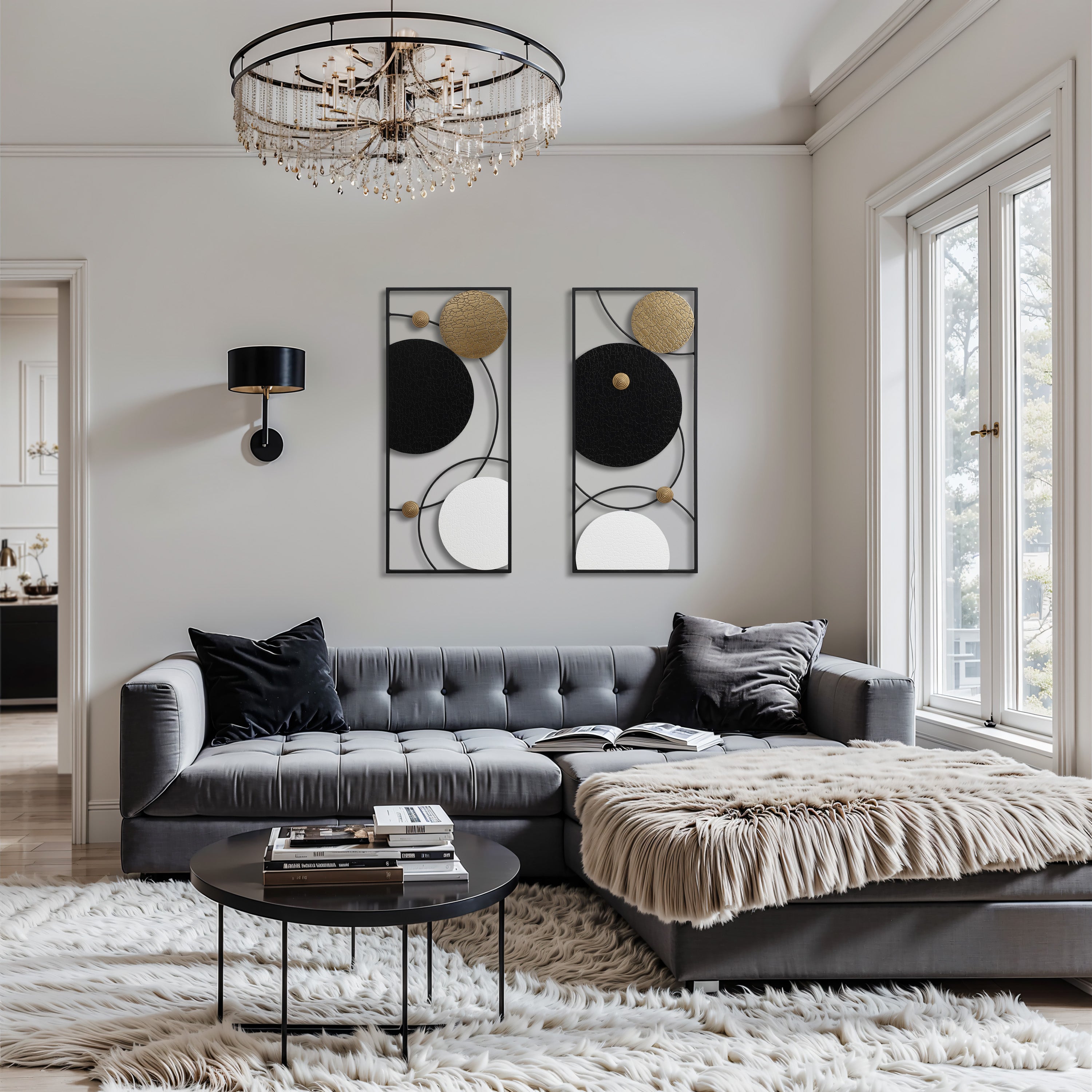 2-Piece Black, White, and Gold Modern Abstract Wall Decor Set