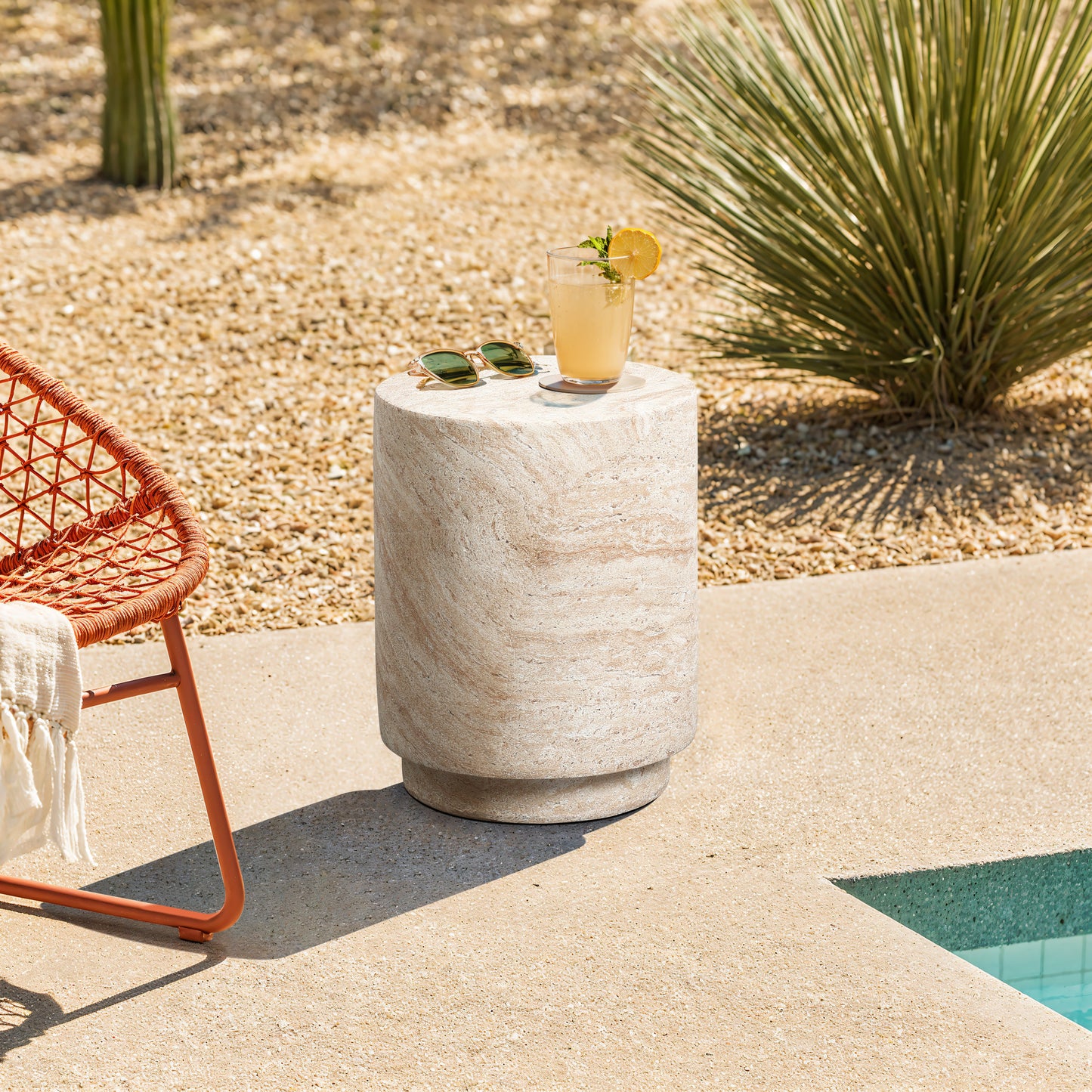 Torrent Round Faux Travertine MgO Side Table, Marbled Beige