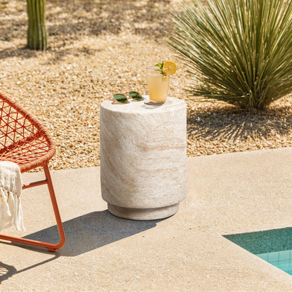 Torrent Round Faux Travertine MgO Side Table, Marbled Beige