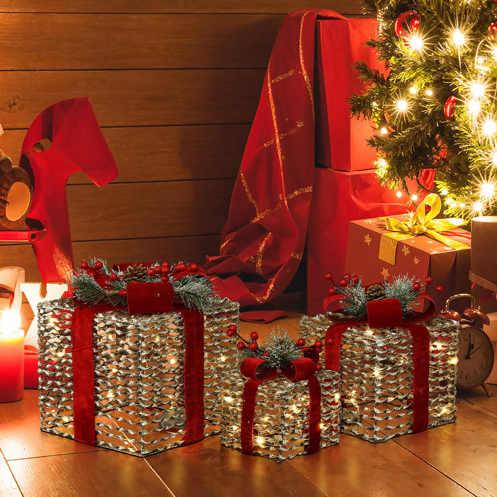 3-Piece Plastic Rattan Gift Box Set with Red Ribbon Outdoor Holiday Decoration with Lights