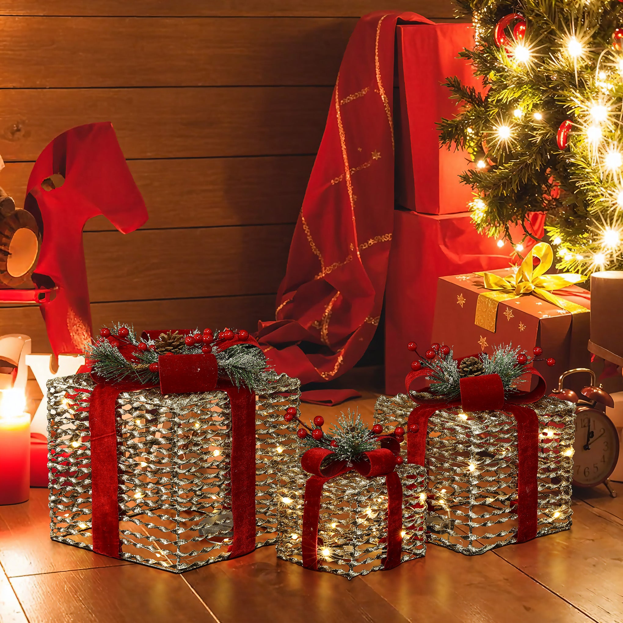 3-Piece Plastic Rattan Gift Box Set with Red Ribbon Outdoor Holiday Decoration with Lights