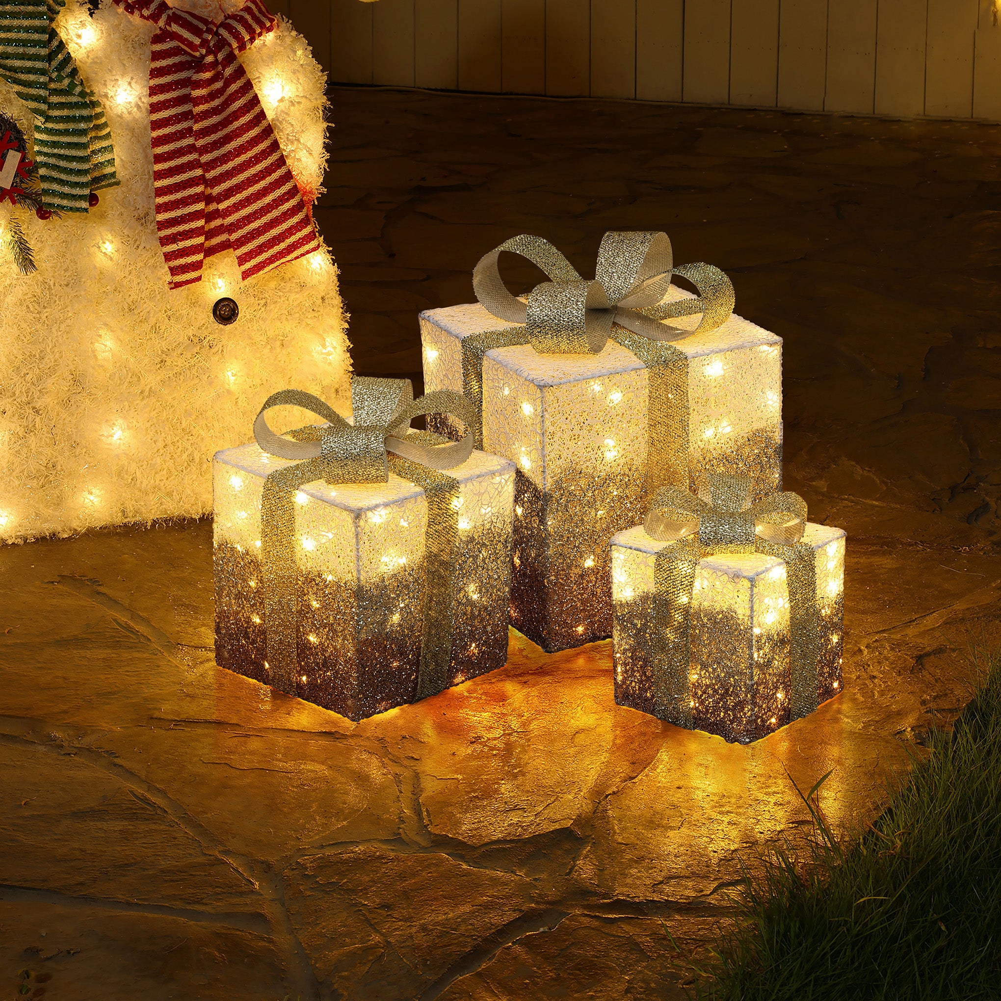 3-Piece Pre-Lit White Crackle Gift Box Set with Timer