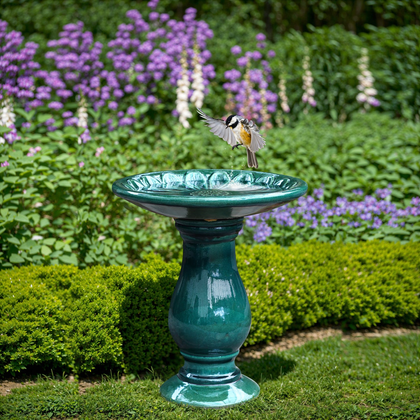 Tulip Ceramic Garden Bird Bath, Moss Green, 22"