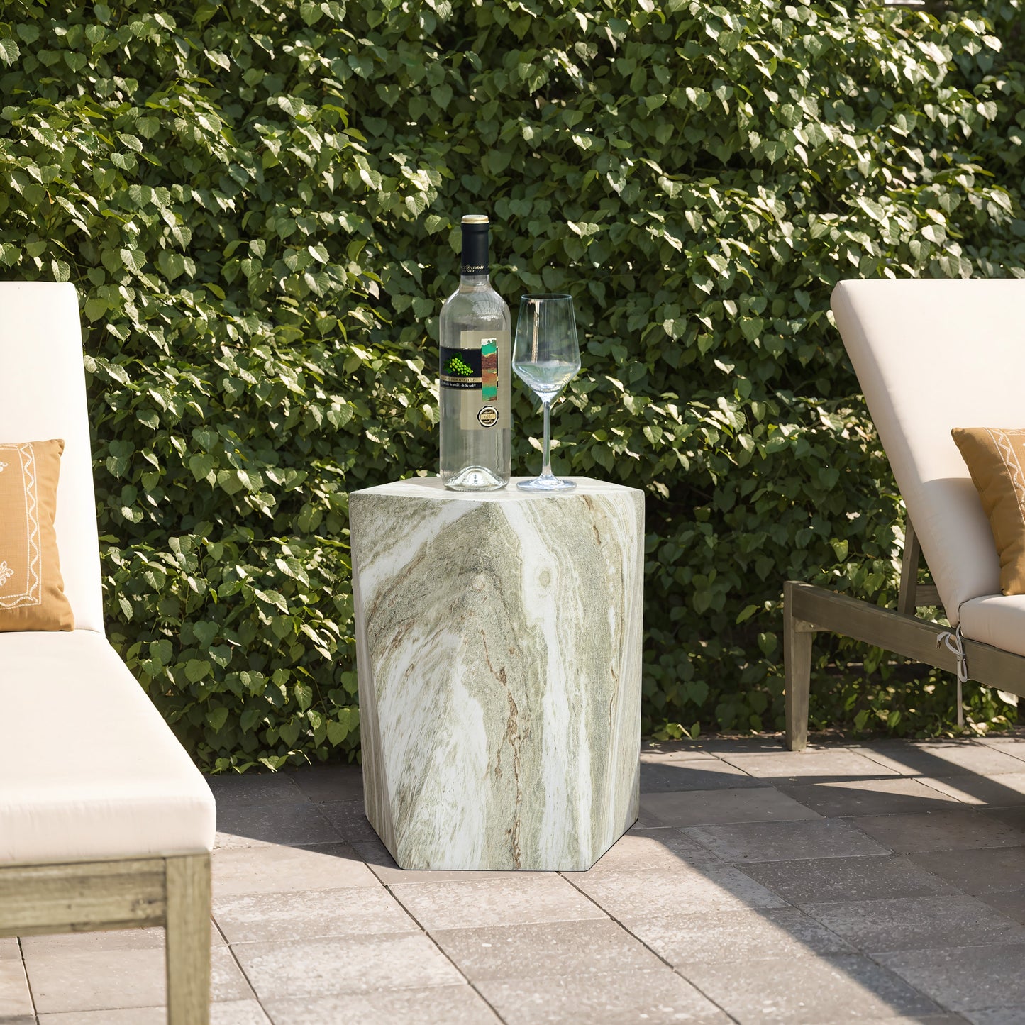 Jasper Pentagonal MgO Side Table, Marbled Green-White
