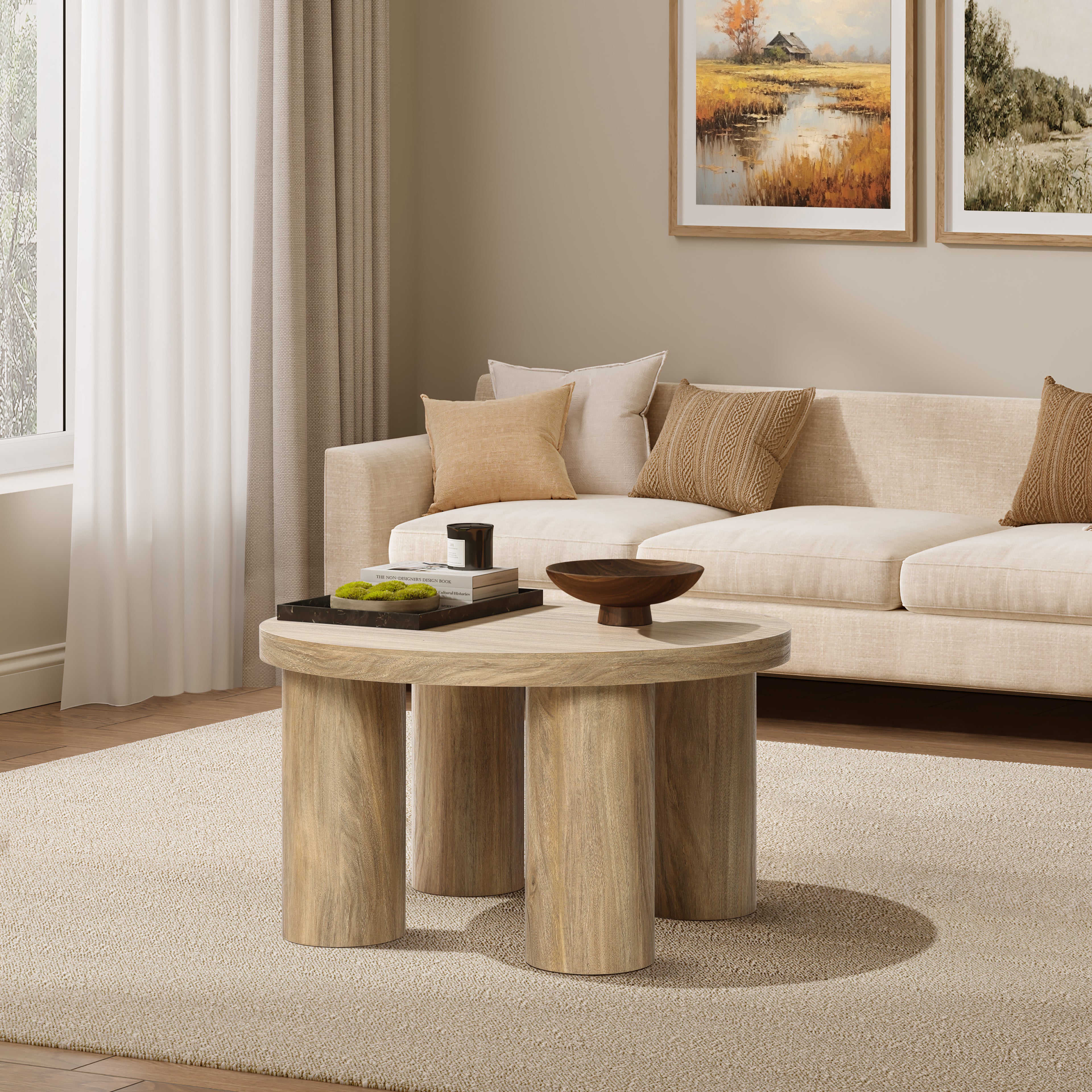 Oak Finish Manufactured Wood Round Coffee Table with 4 Legs