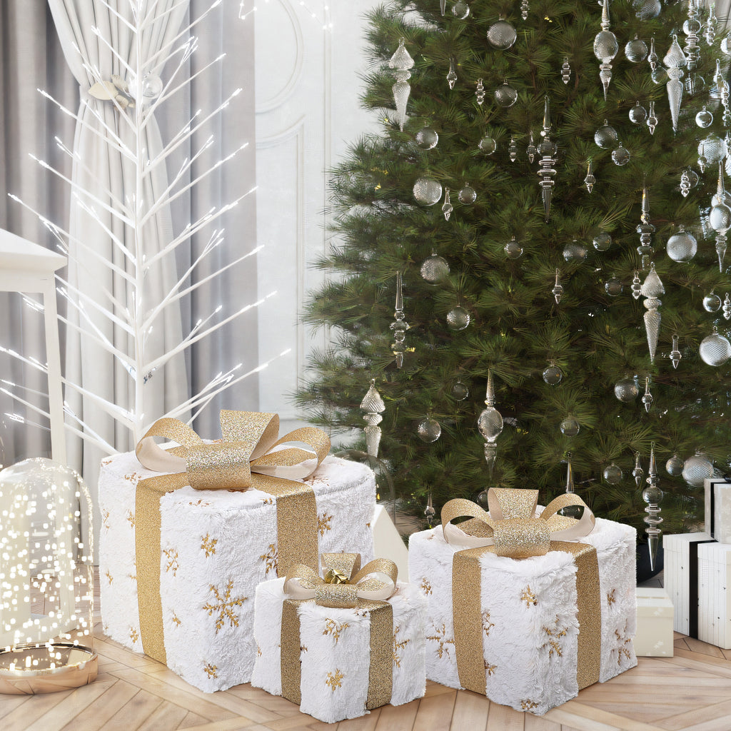 3-Piece Snowflake White and Gold Giftbox Holiday Decoration Set with Lights