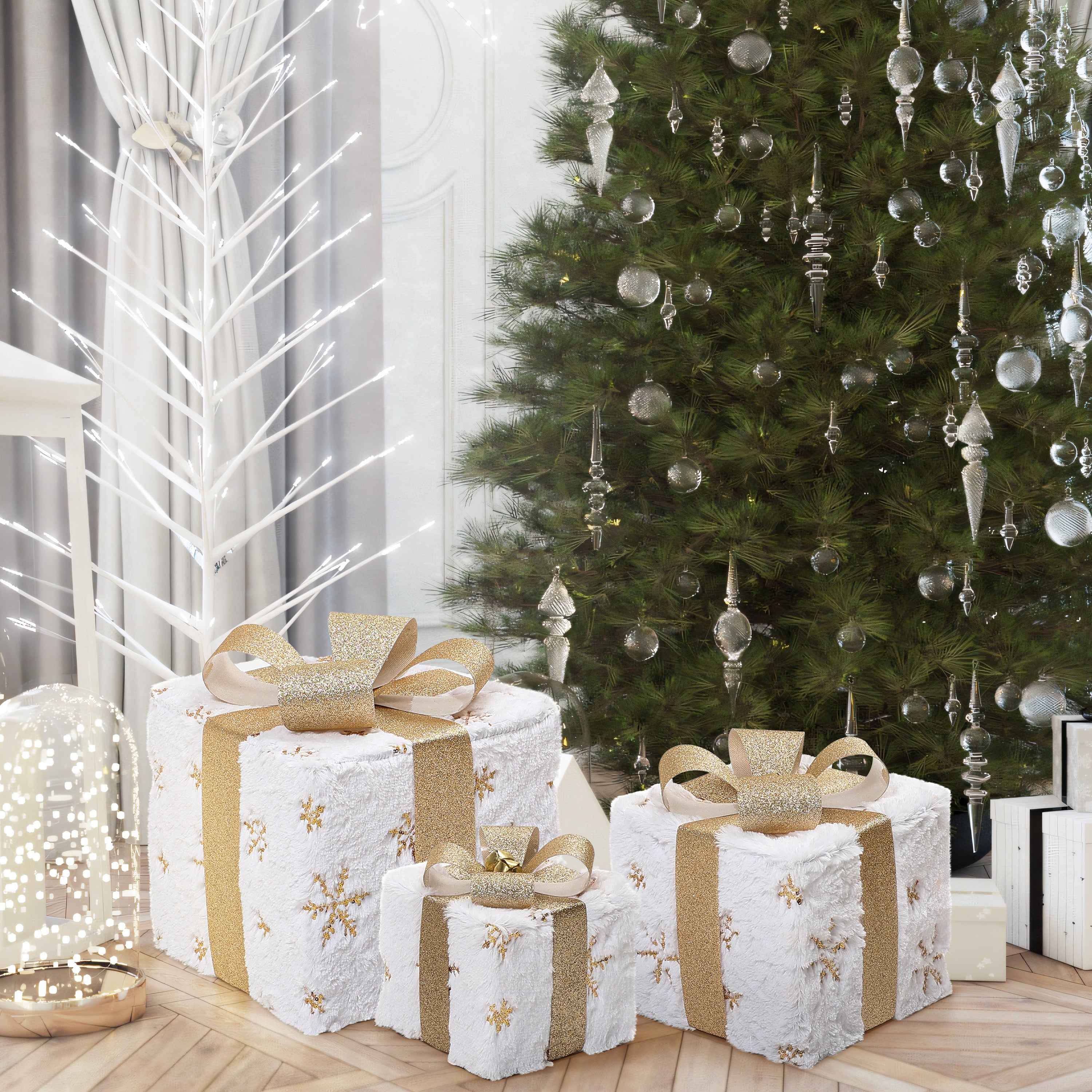 3-Piece Snowflake White and Gold Giftbox Holiday Decoration Set with Lights