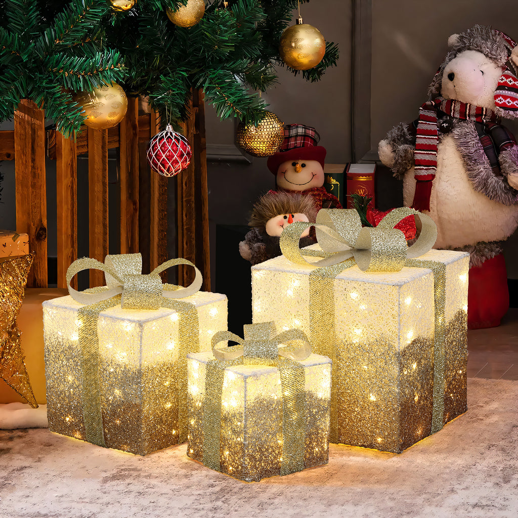 3-Piece Pre-Lit White Crackle Gift Box Set with Timer