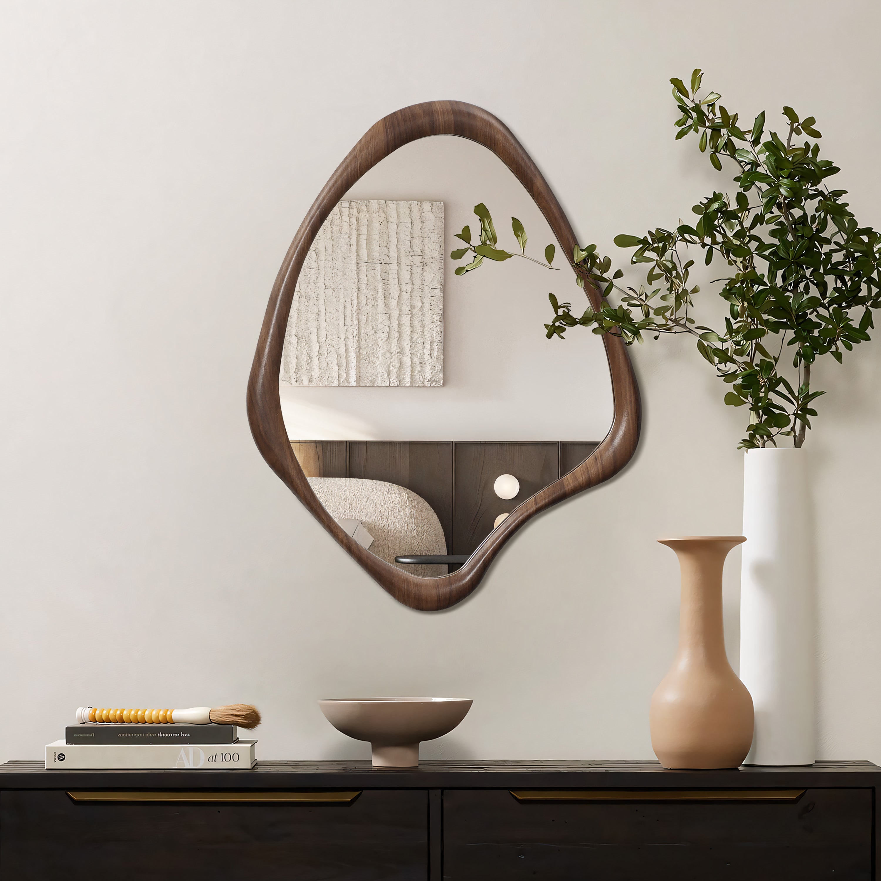 Walnut Wood Framed Irregular Shaped Decorative Mirror