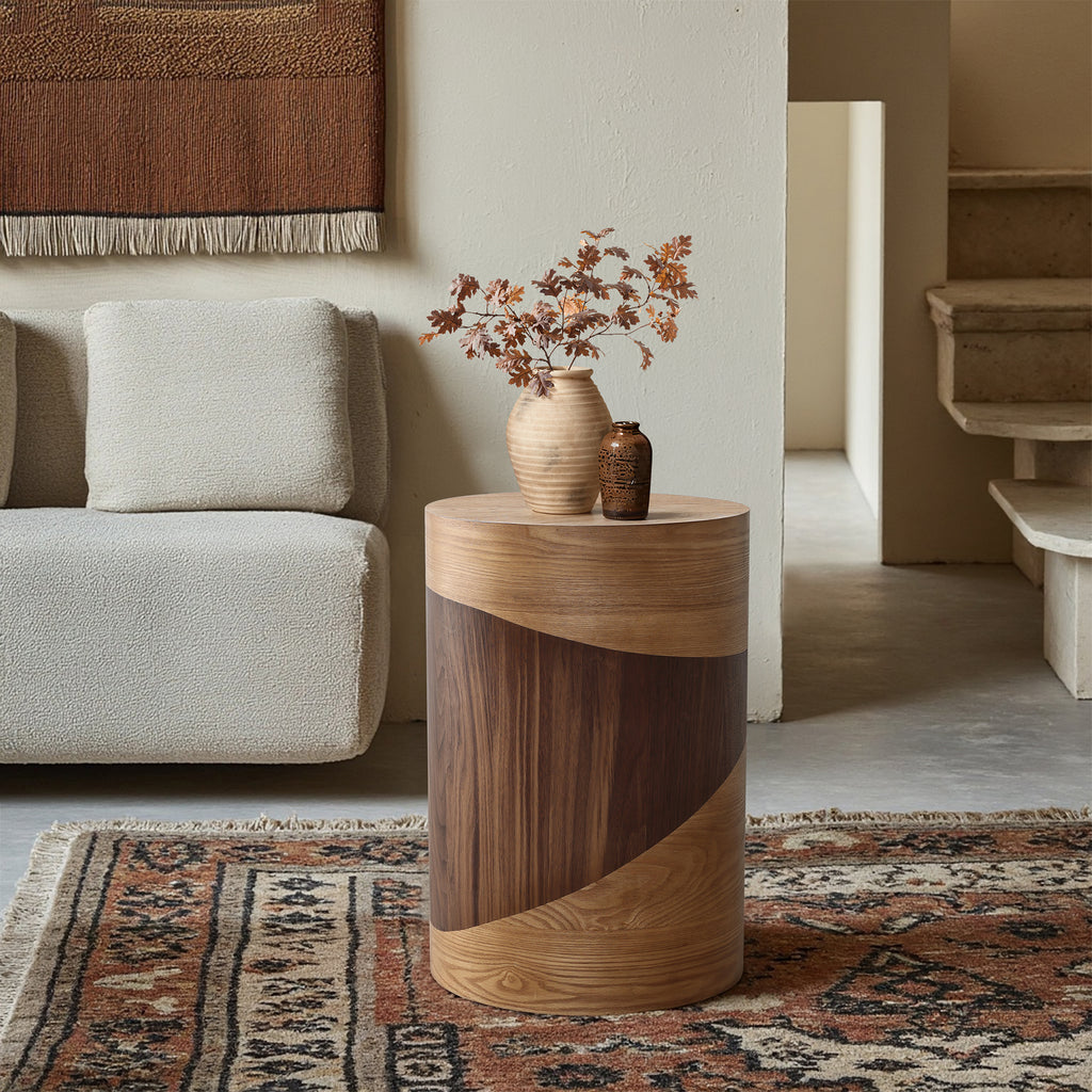 Modern Rustic Natural & Dark Wood Round Side Table, 20” Tall