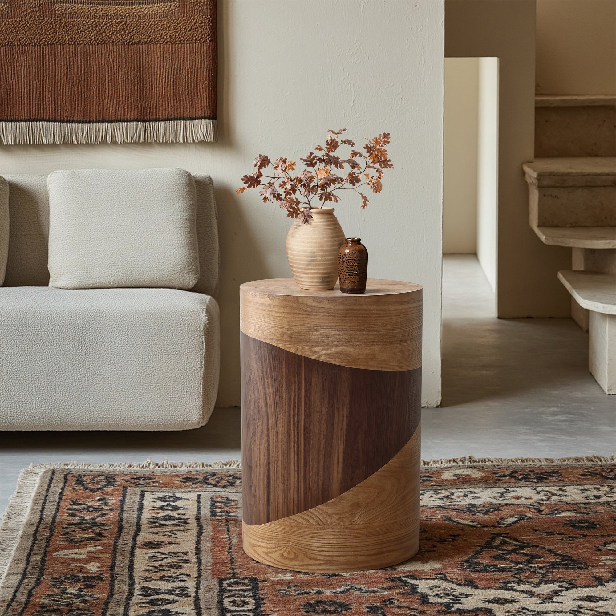 Modern Rustic Natural & Dark Wood Round Side Table, 20” Tall