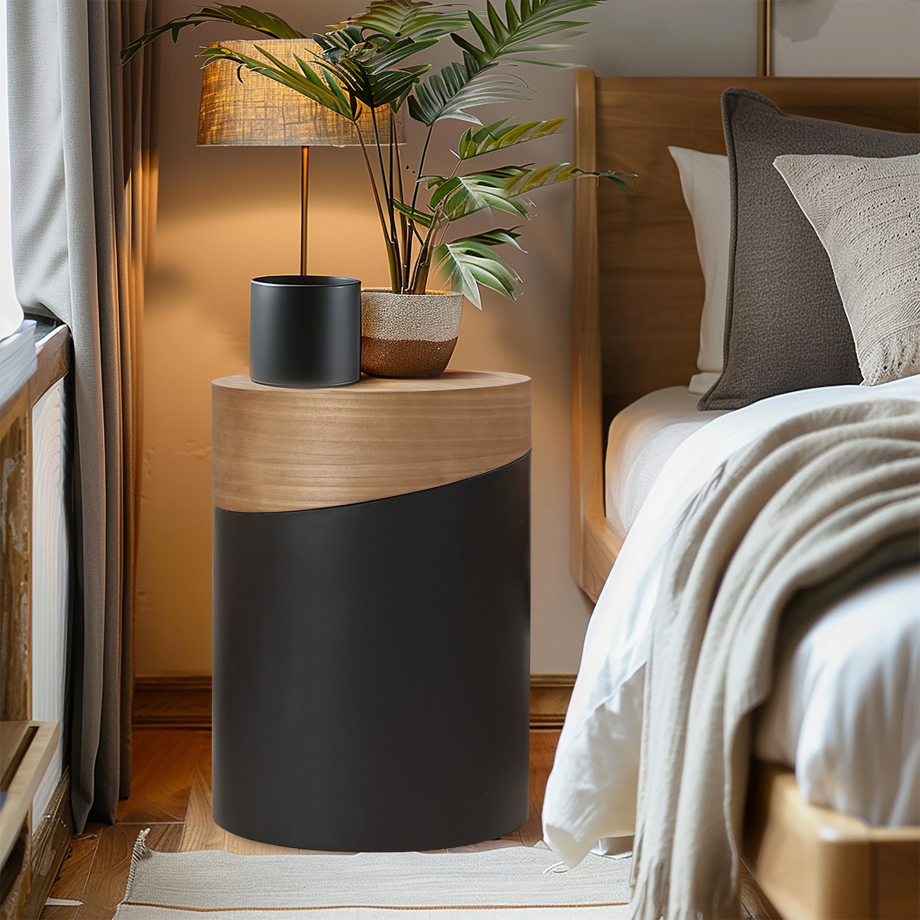 Modern Minimalist Side Table with Black Metal Frame and Natural Wood Round Top