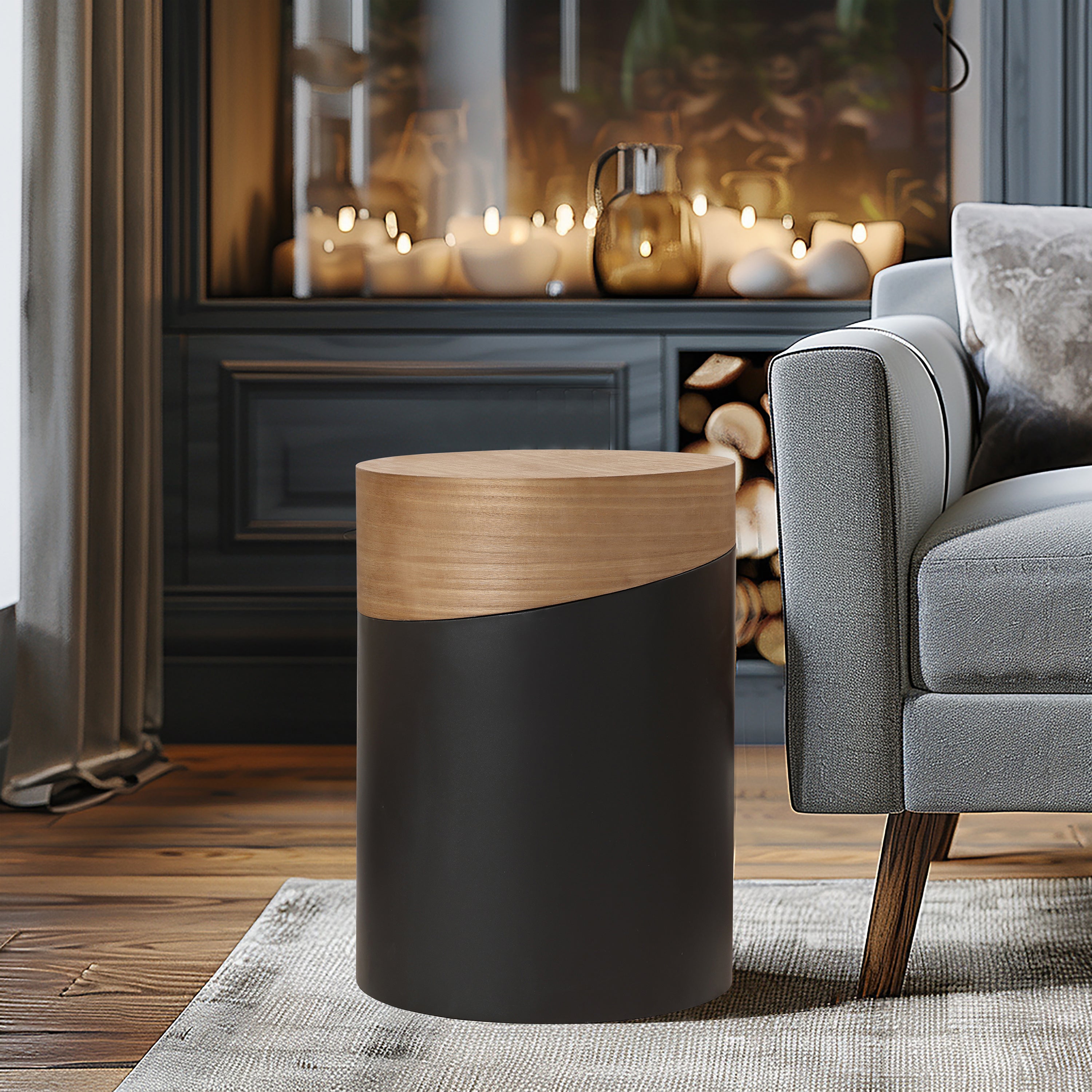 Modern Minimalist Side Table with Black Metal Frame and Natural Wood Round Top