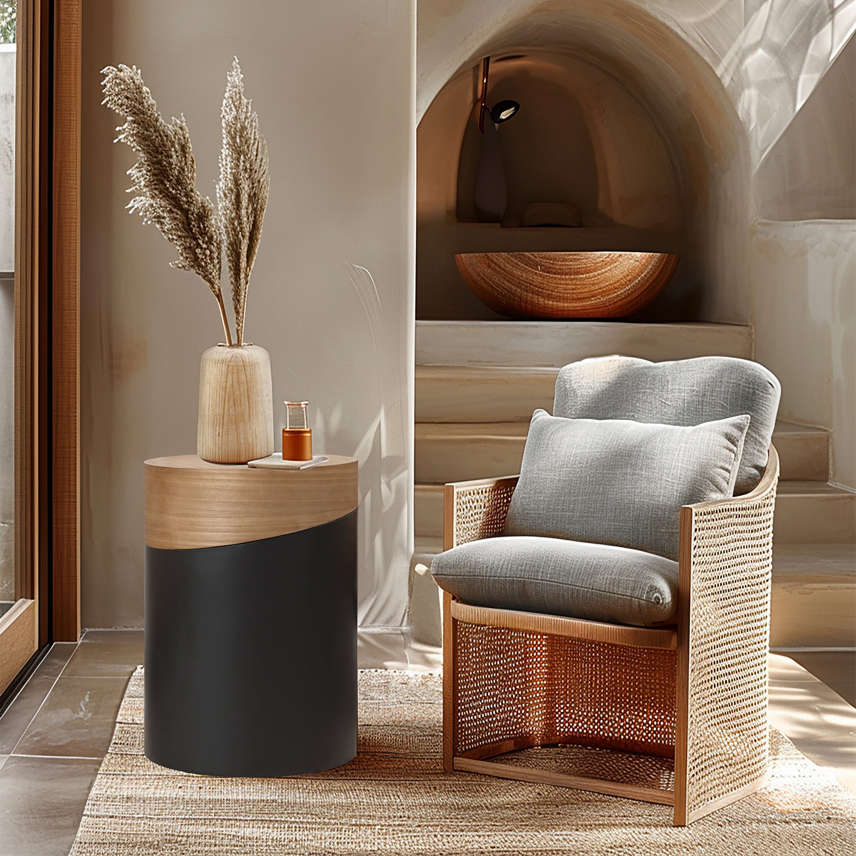 Modern Minimalist Side Table with Black Metal Frame and Natural Wood Round Top