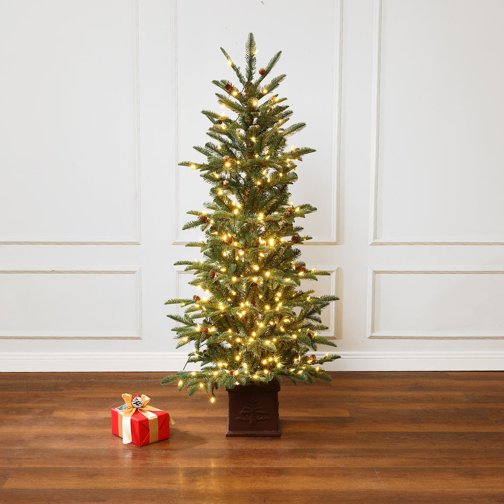 5Ft Pre-Lit Artificial Pine Christmas Tree with Pinecones & Brown Square Pot