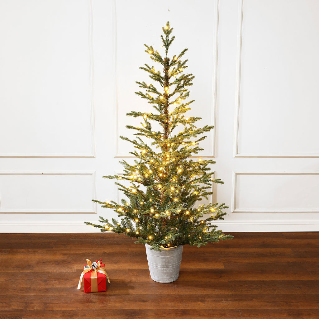 5.5Ft Pre-Lit Green Artificial Fir Christmas Tree with Round Planter Pot