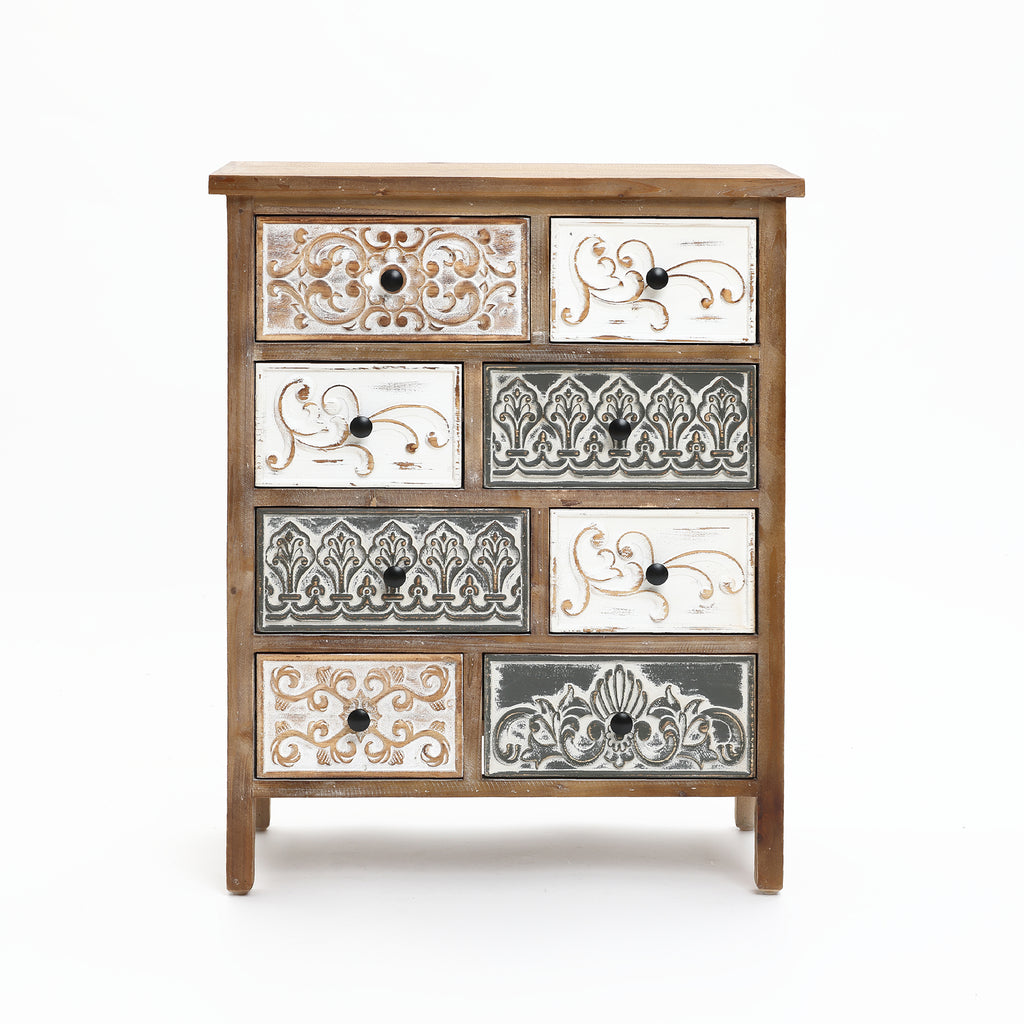 8-Drawer 32" H x 25.8" W Rustic Carved Wood Accent Chest