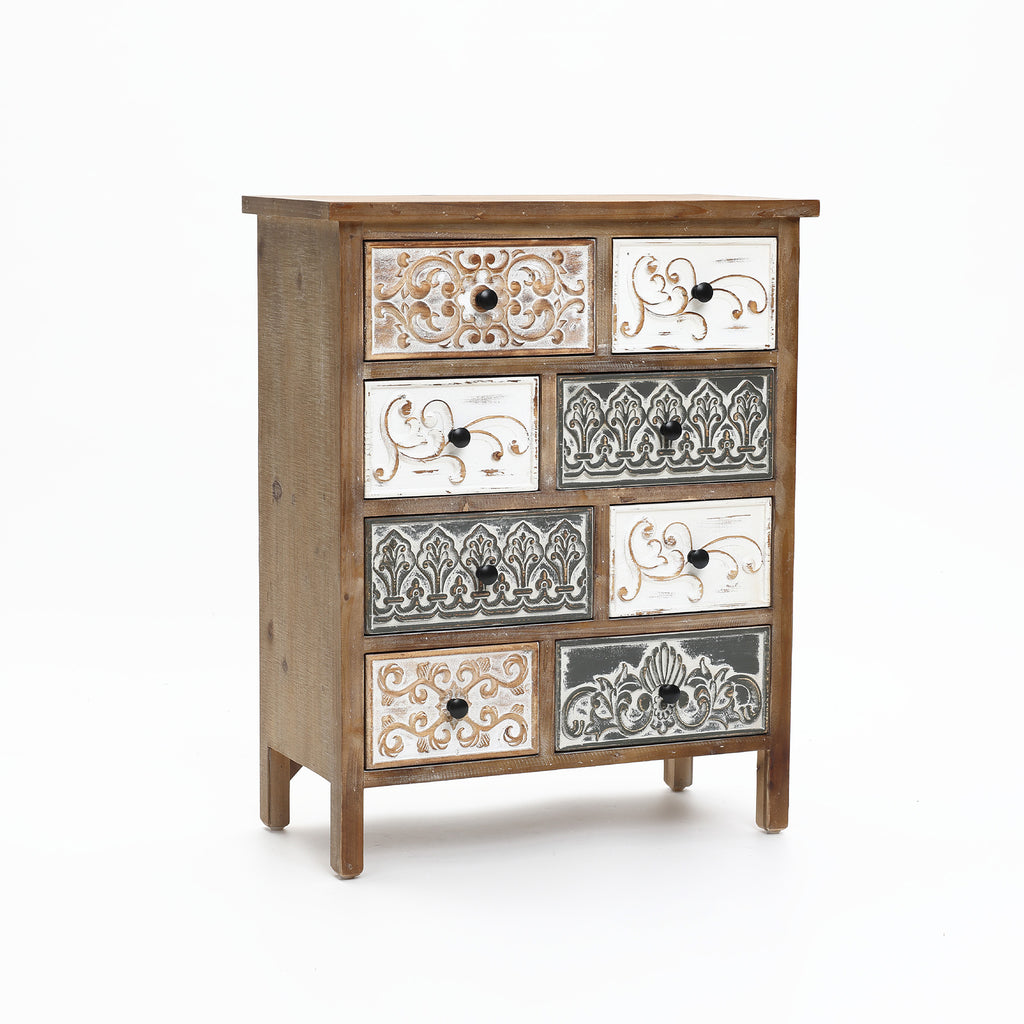 8-Drawer 32" H x 25.8" W Rustic Carved Wood Accent Chest