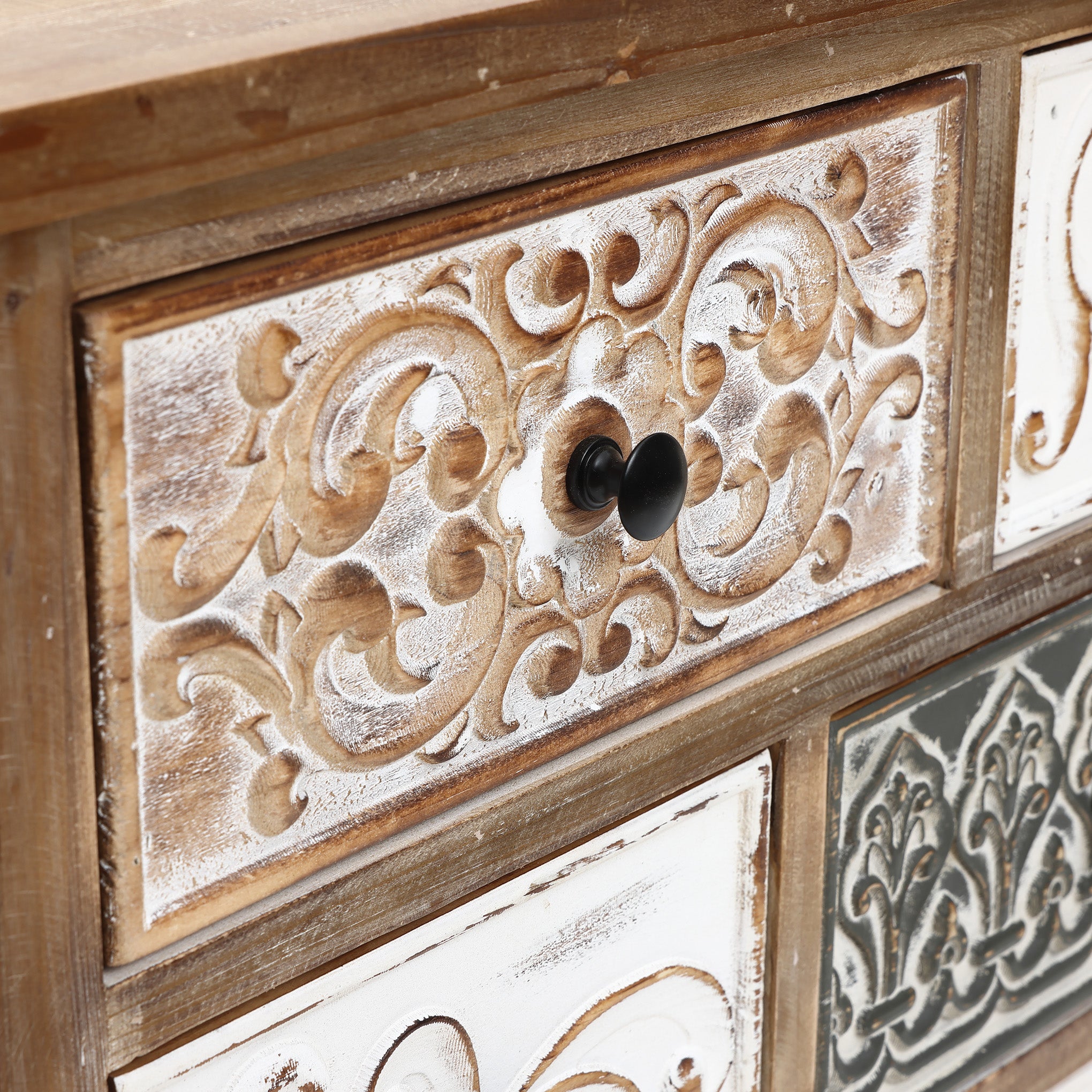 8-Drawer 32" H x 25.8" W Rustic Carved Wood Accent Chest
