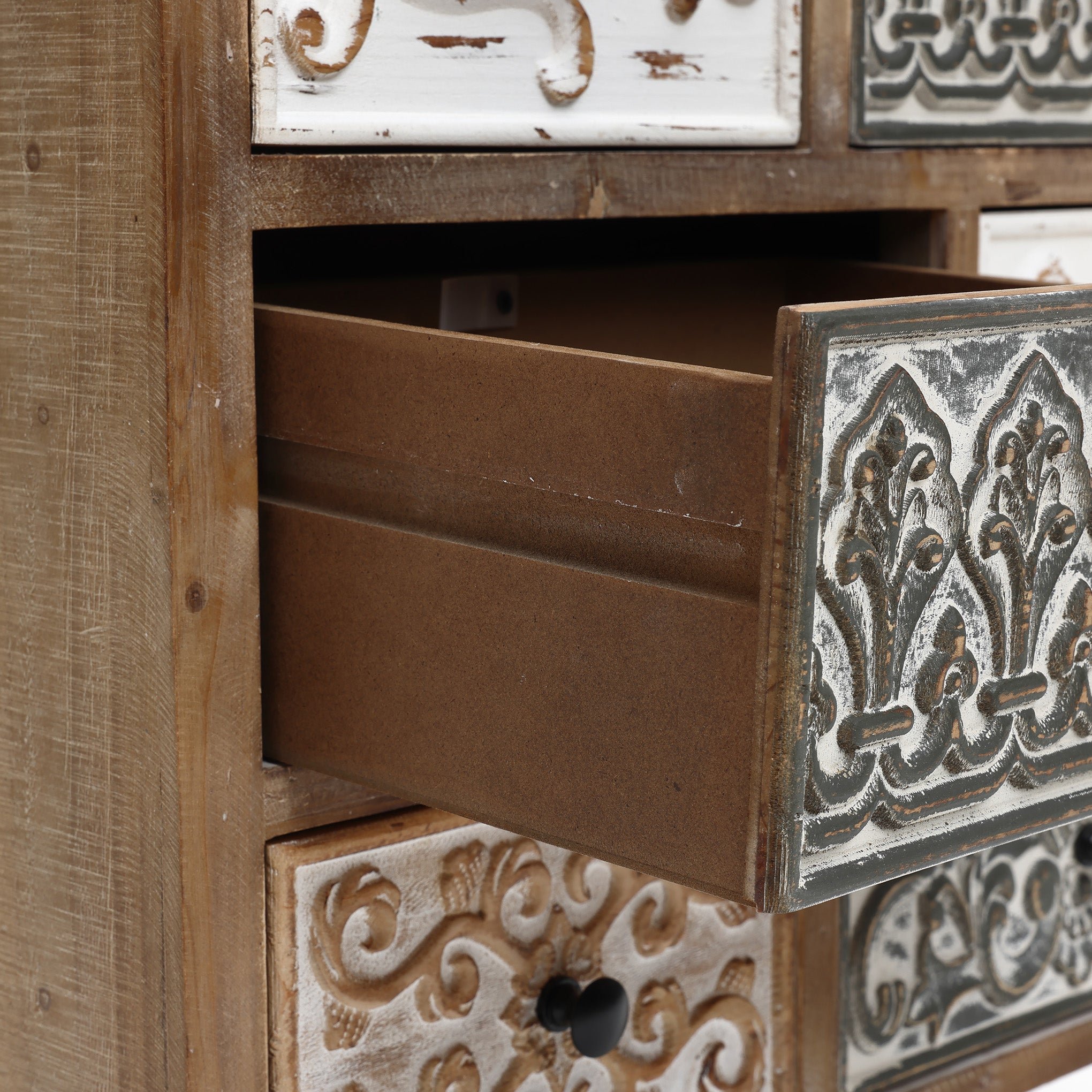 8-Drawer 32" H x 25.8" W Rustic Carved Wood Accent Chest