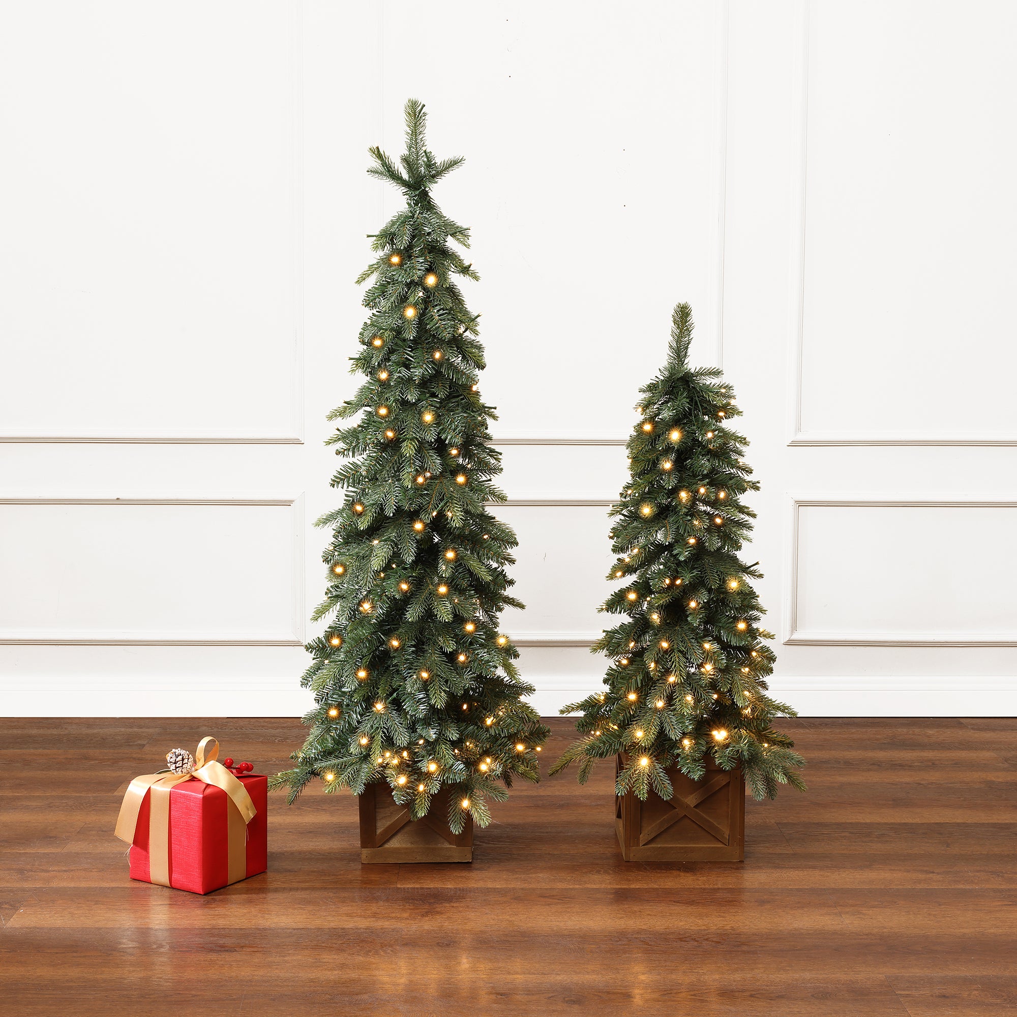 2-Pc Downswept Branches Artificial Christmas Trees Potted with Battery-Op Lights