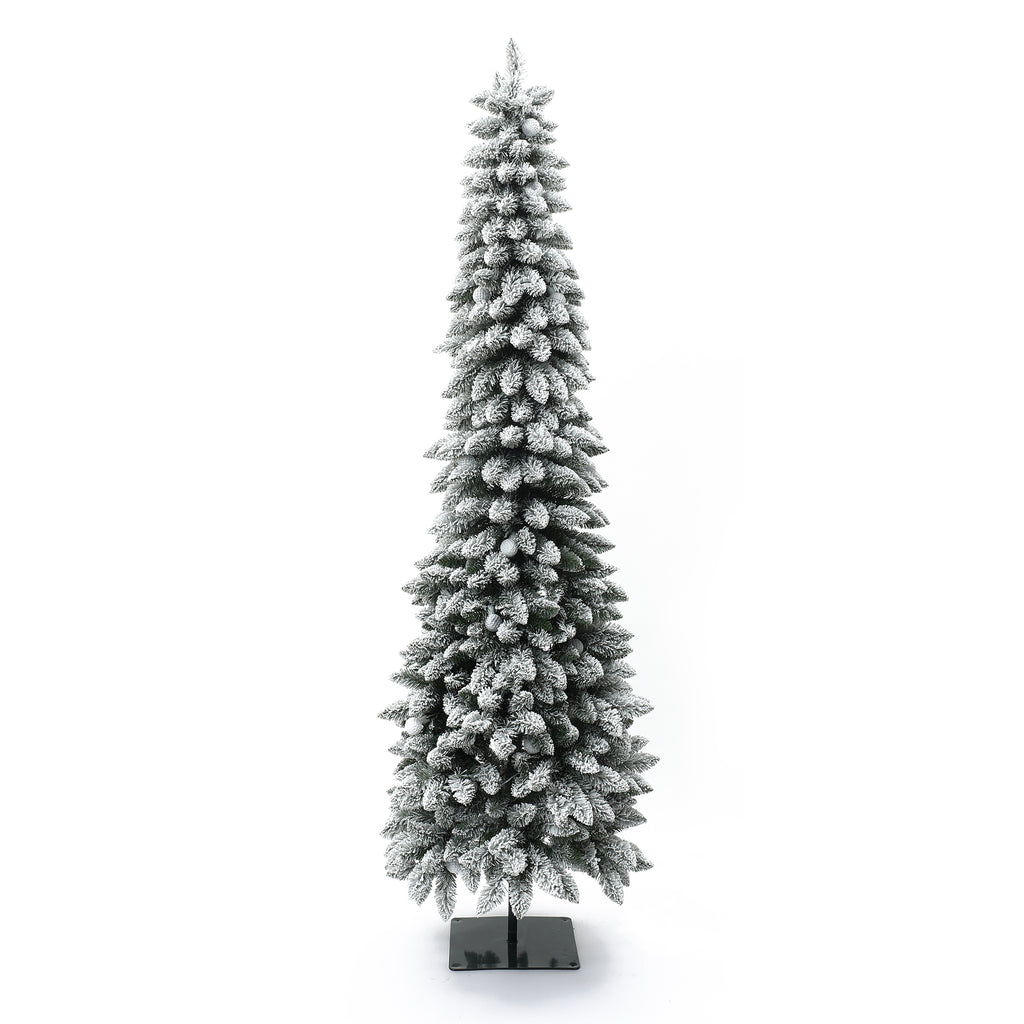 7Ft Pre-Lit Flocked Pencil Artificial Christmas Tree with Metal Base
