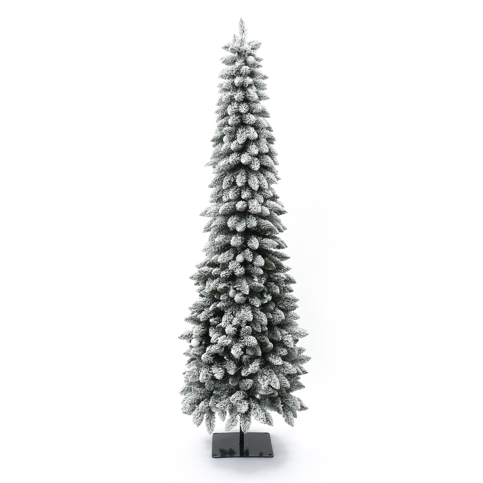 7Ft Pre-Lit Flocked Pencil Artificial Christmas Tree with Metal Base