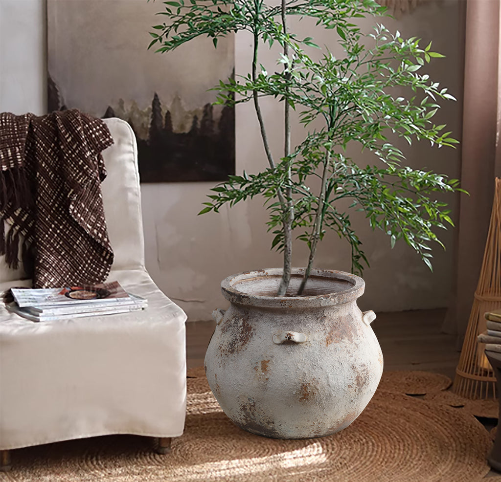 Vintage Rustic Ceramic Flower Pot with Double Handles – Wabi-Sabi Aesthetic