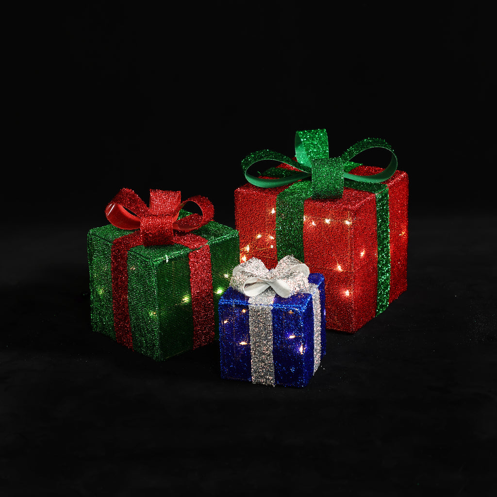 Set of 3 Present Gift Boxes with Bows Lighted Holiday Decoration