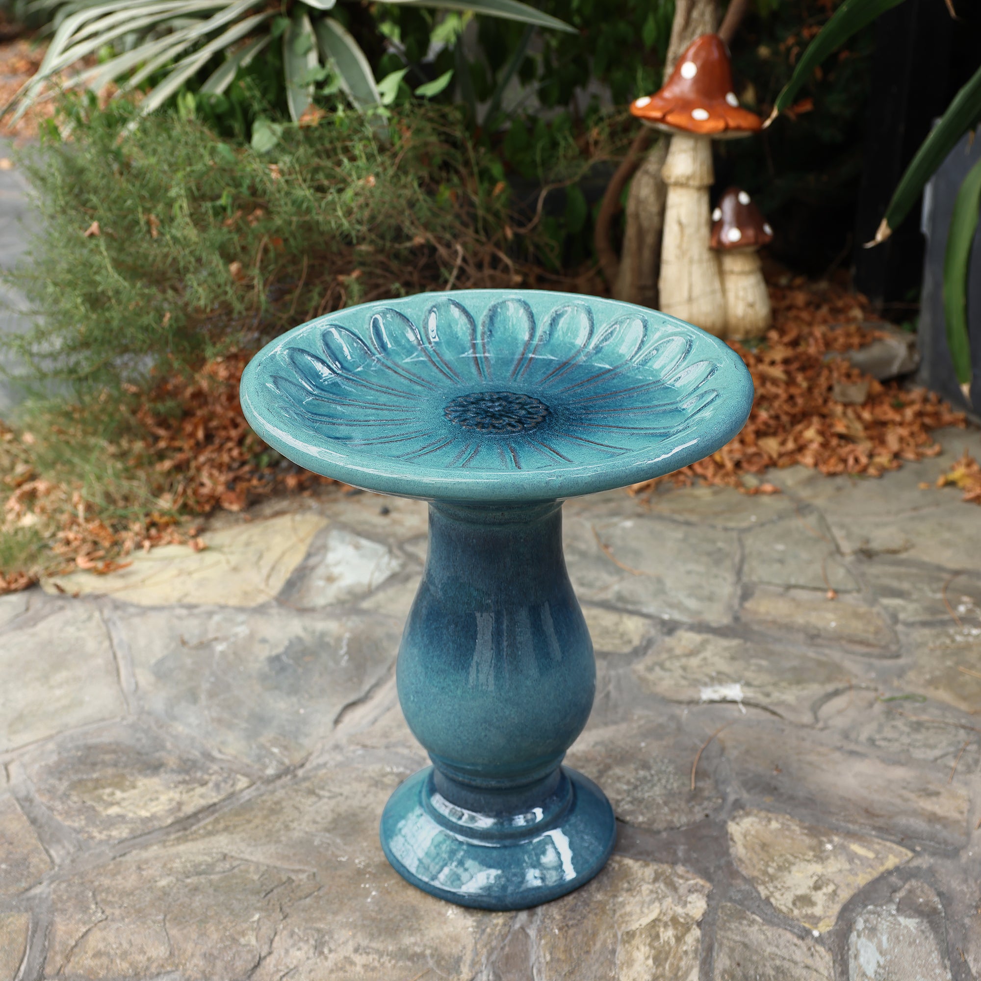 Blue-Green Glazed Ceramic Pedestal Birdbath, 21.5" Tall Outdoor Garden Accent