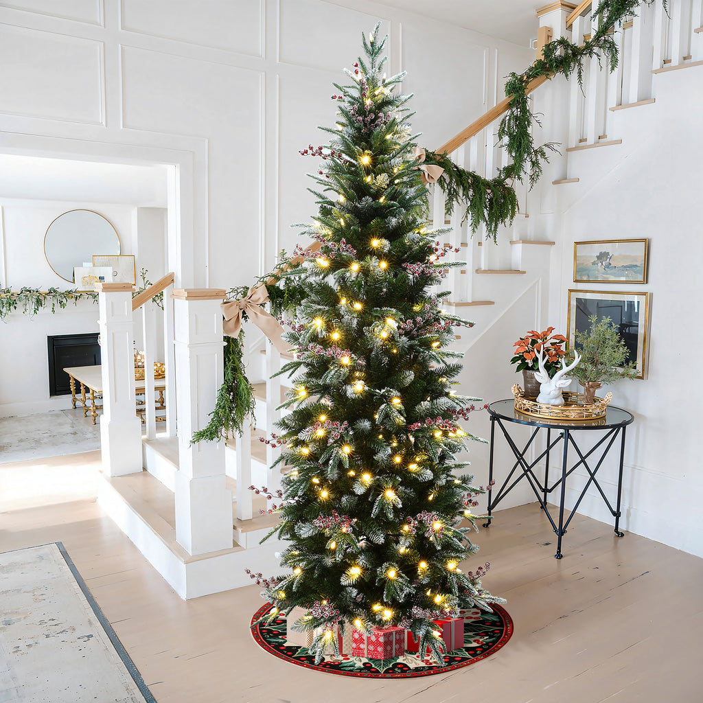 6.5Ft Pre-Lit Pencil Artificial Christmas Tree with Frosted Tips and Red Berries