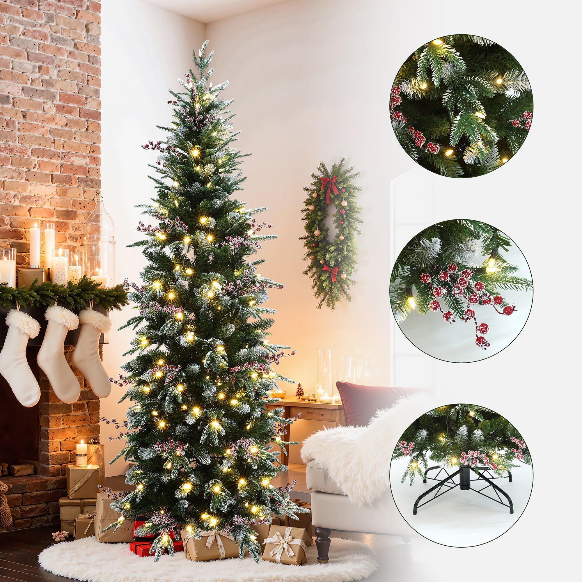 6.5Ft Pre-Lit Pencil Artificial Christmas Tree with Frosted Tips and Red Berries